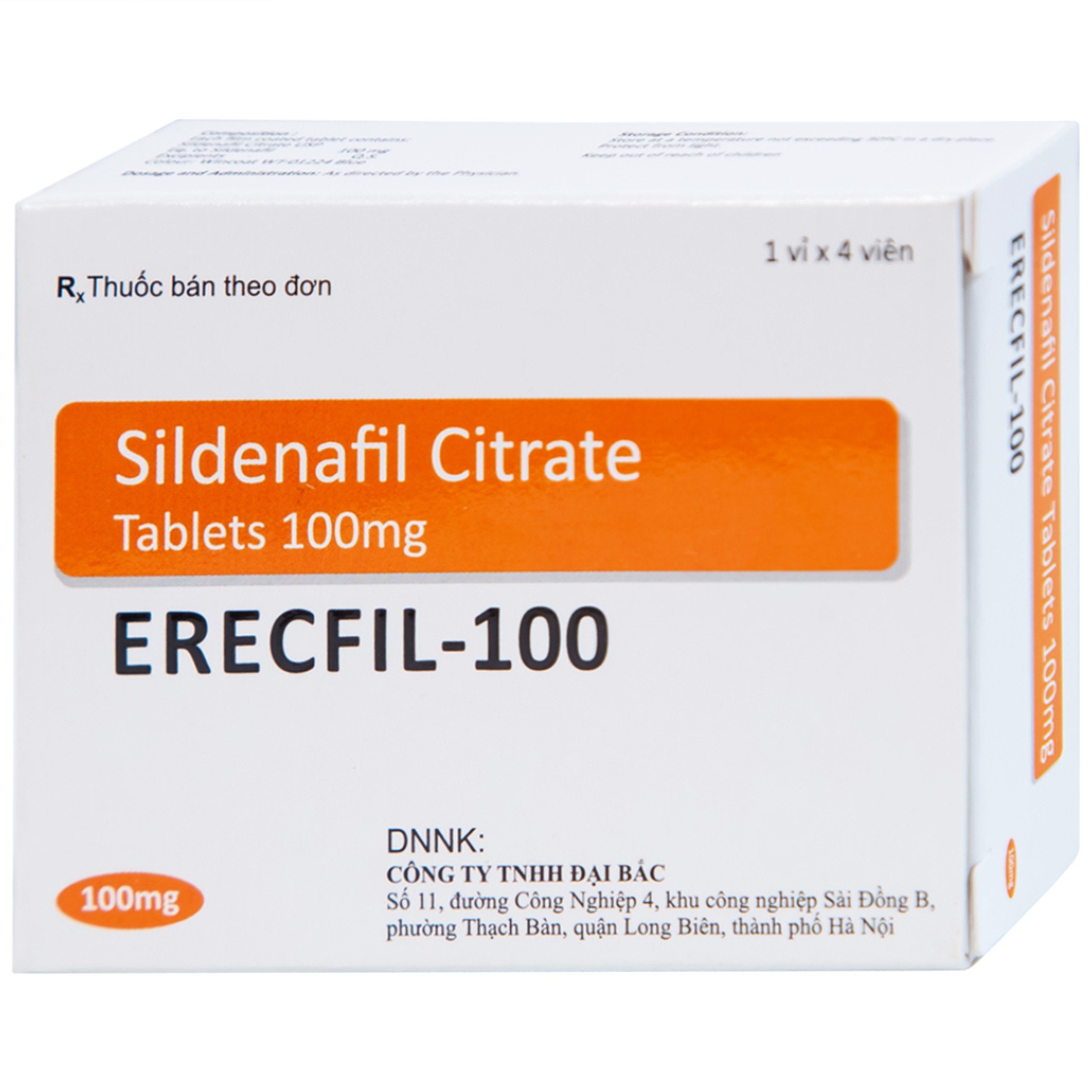 Thuốc Erecfil-100 Sildenafil Citrate điều trị rối loạn cương dương (1 vỉ x 4 viên)