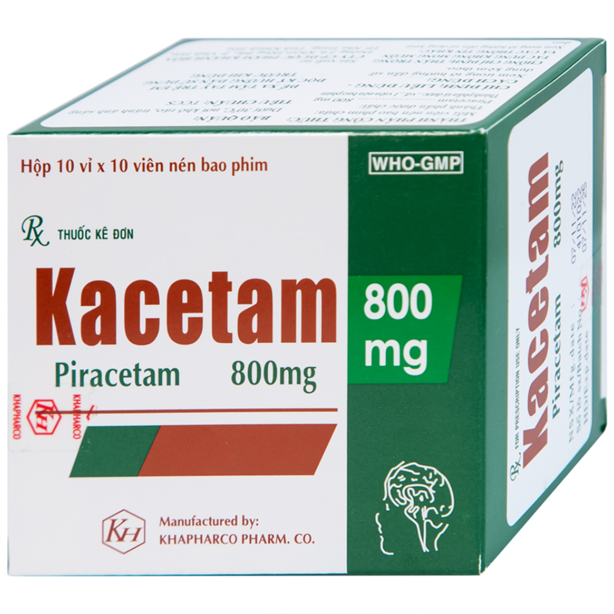 Viên nén Kacetam 800mg Khapharco điều trị rung giật cơ có nguồn gốc vỏ não, thiếu máu não (10 vỉ x 10 viên)