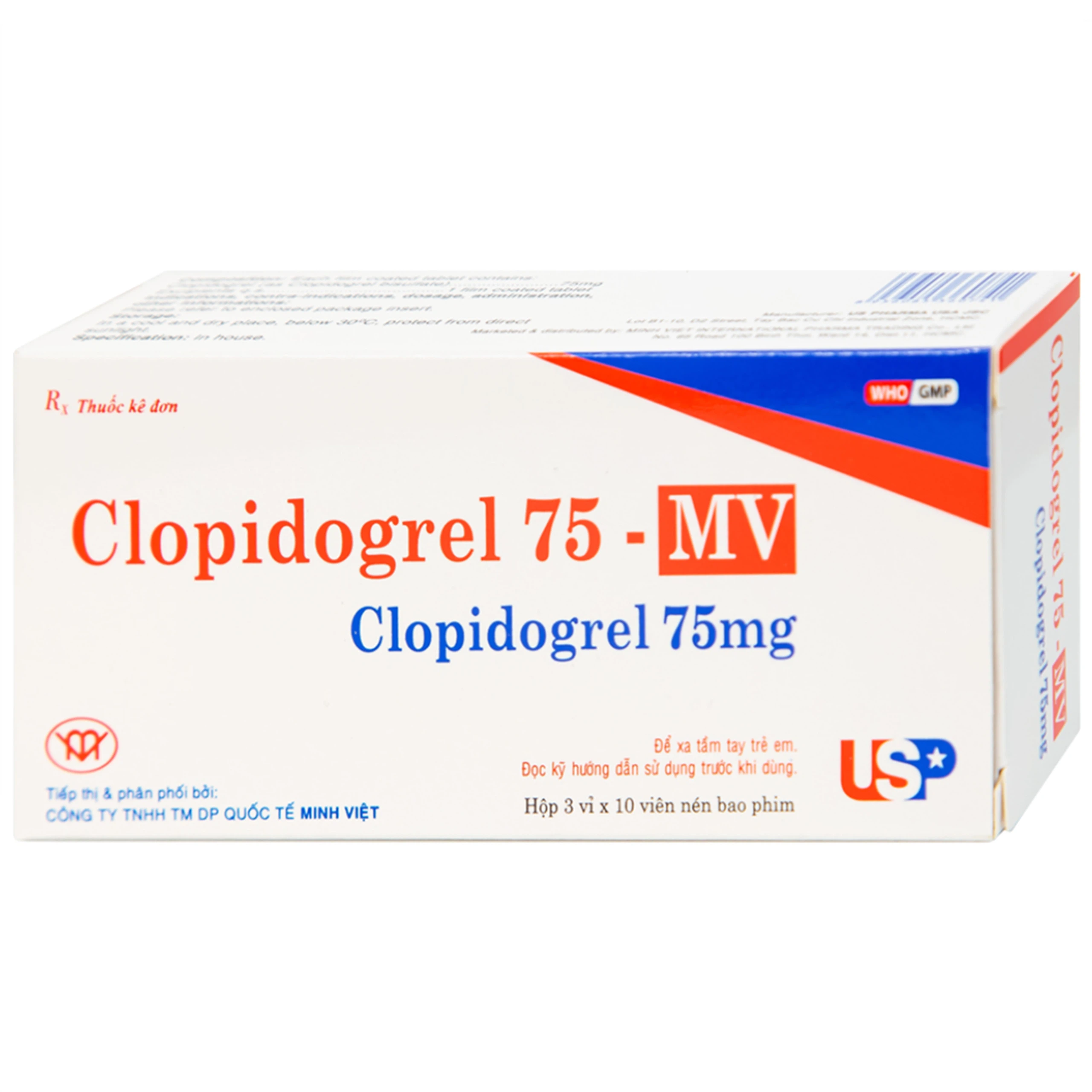 Thuốc Clopidogrel 75 - MV USP làm giảm hay dự phòng các biến cố huyết khối (3 vỉ x 10 viên)