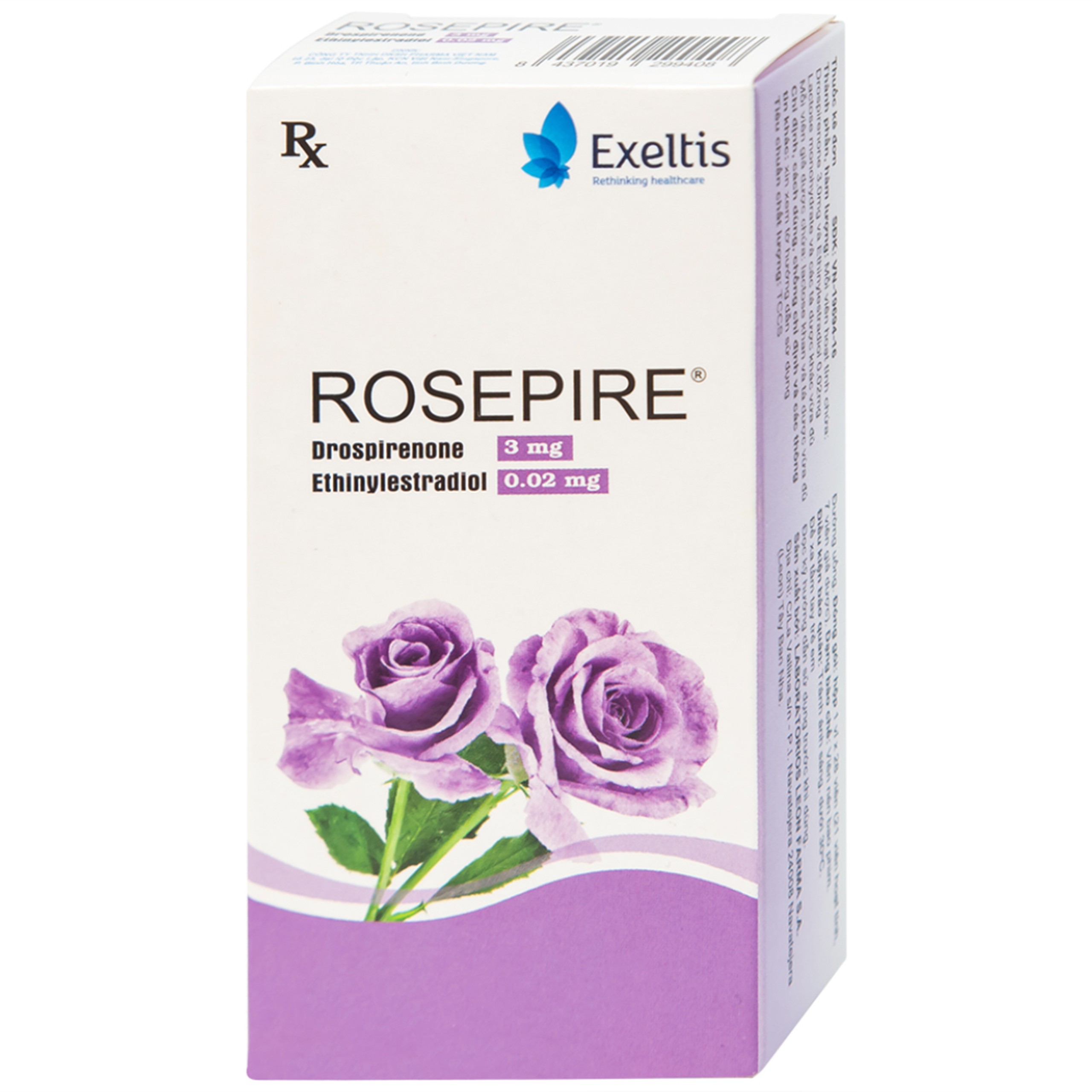 Thuốc Rosepire 3mg/0,02mg Exeltis tím dùng để tránh thai (1 vỉ x 28 viên)