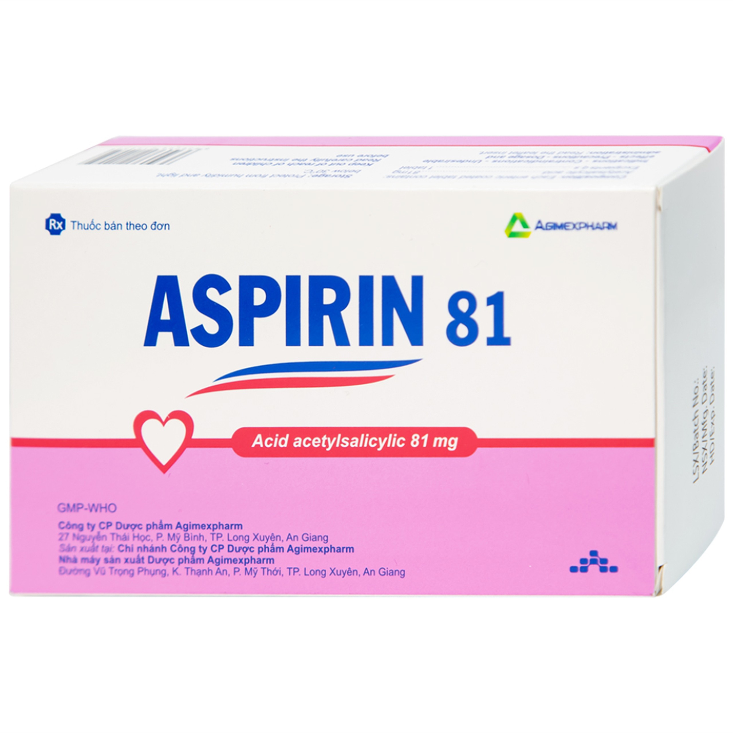 Thuốc Aspirin 81 Agimexpharm phòng ngừa nhồi máu cơ tim, đột quỵ (20 vỉ x 10 viên)