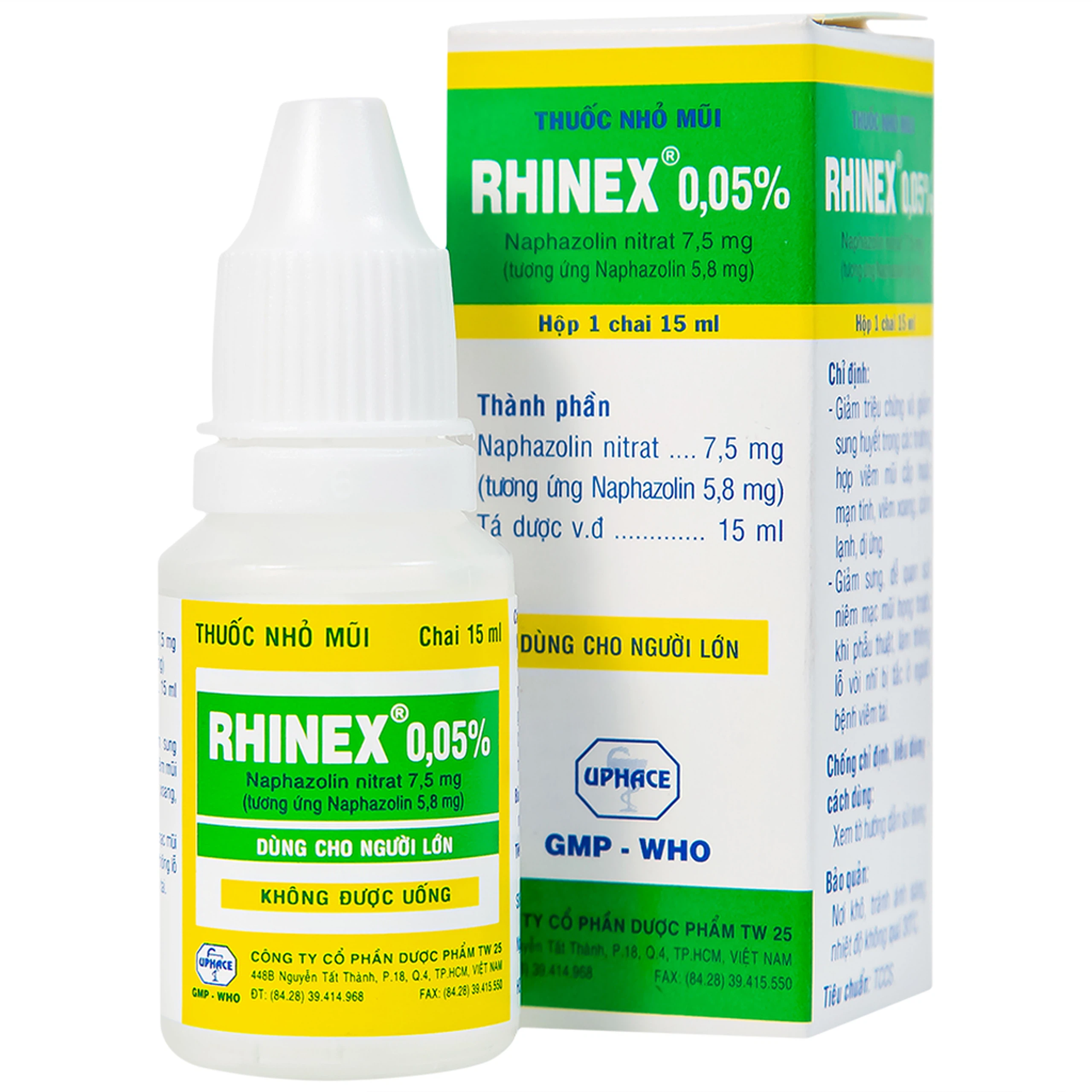 Thuốc nhỏ mũi Rhinex 0.05% Uphace giảm sung huyết, viêm xoang, viêm mũi dị ứng (15ml)