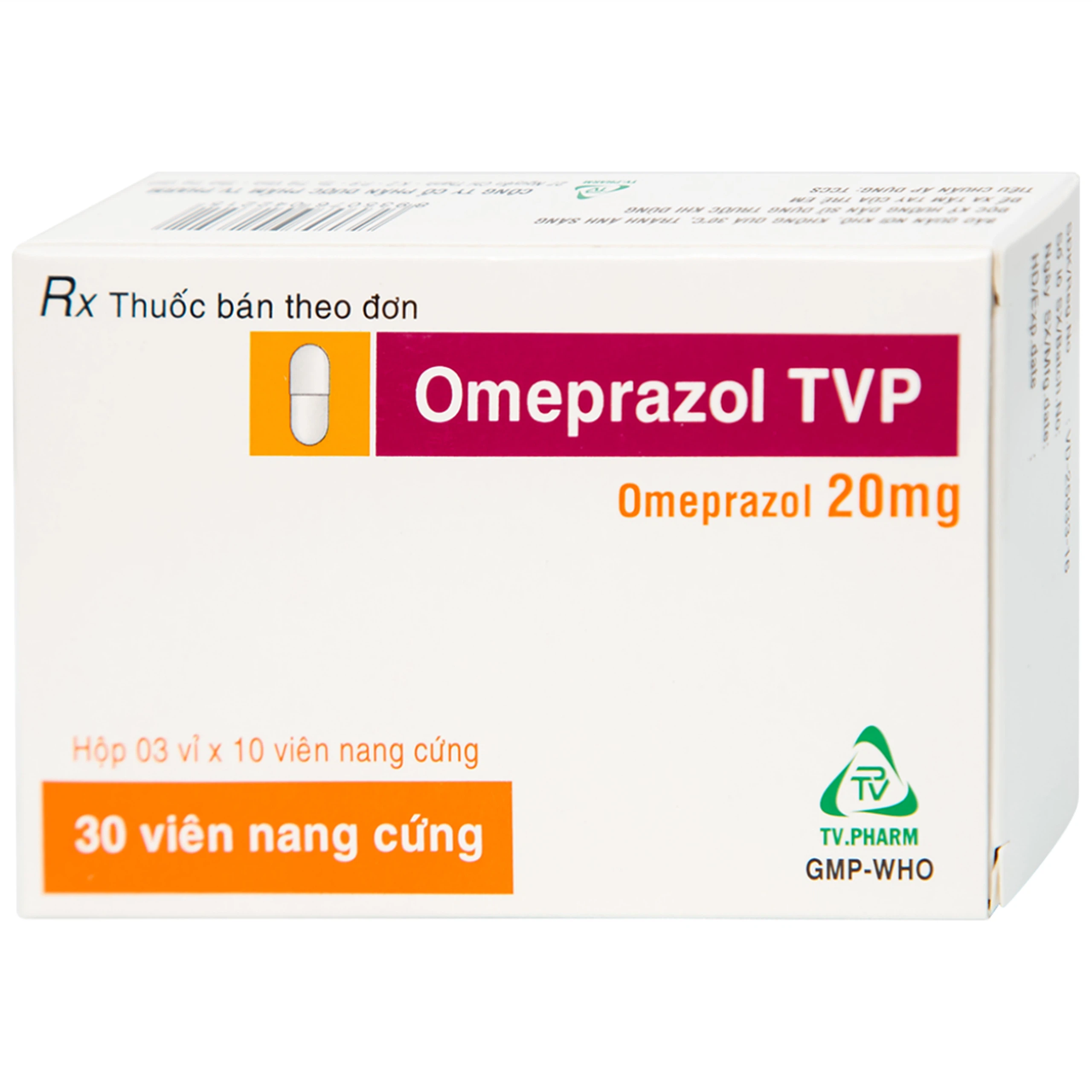 Viên nang cứng Omeprazol TVP 20mg điều trị loét tá tràng, viêm loét dạ dày (3 vỉ x 10 viên) 