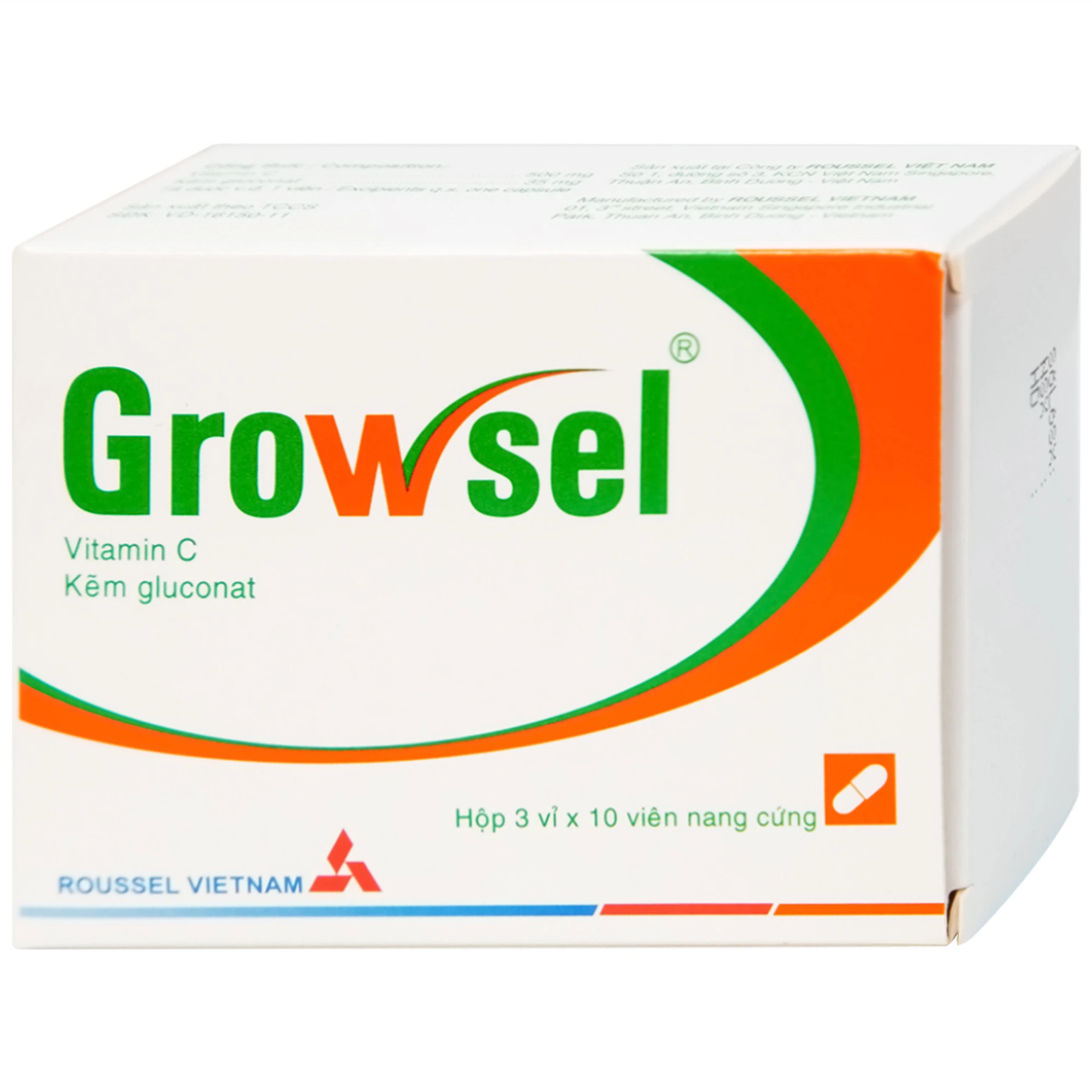 Thuốc Growsel Roussel điều trị bệnh do thiếu vitamin C và kẽm (3 vỉ x 10 viên)