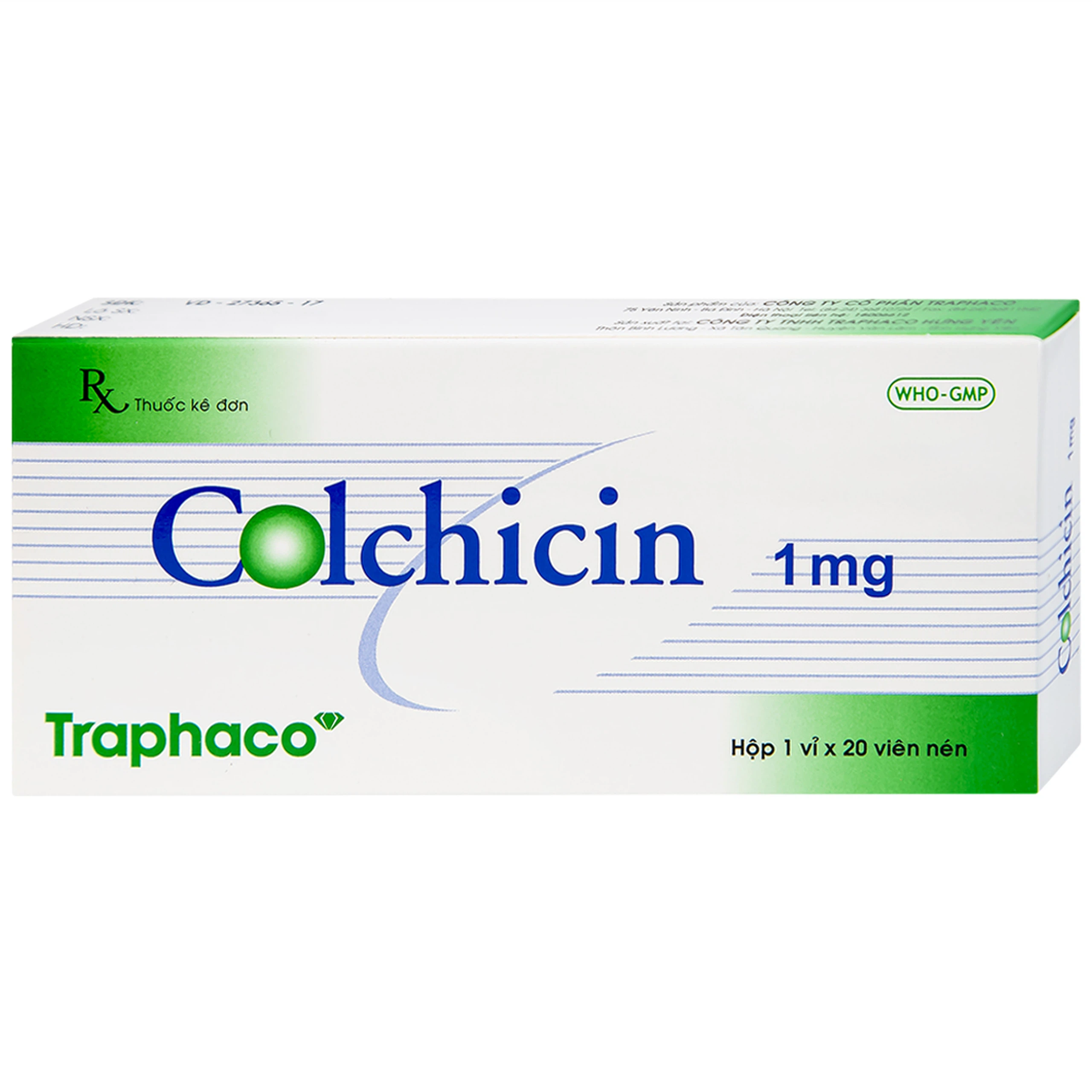 Thuốc Colchicin 1mg Traphaco phòng tái phát viêm khớp do gút và điều trị dài ngày bệnh gút (1 vỉ x 20 viên)