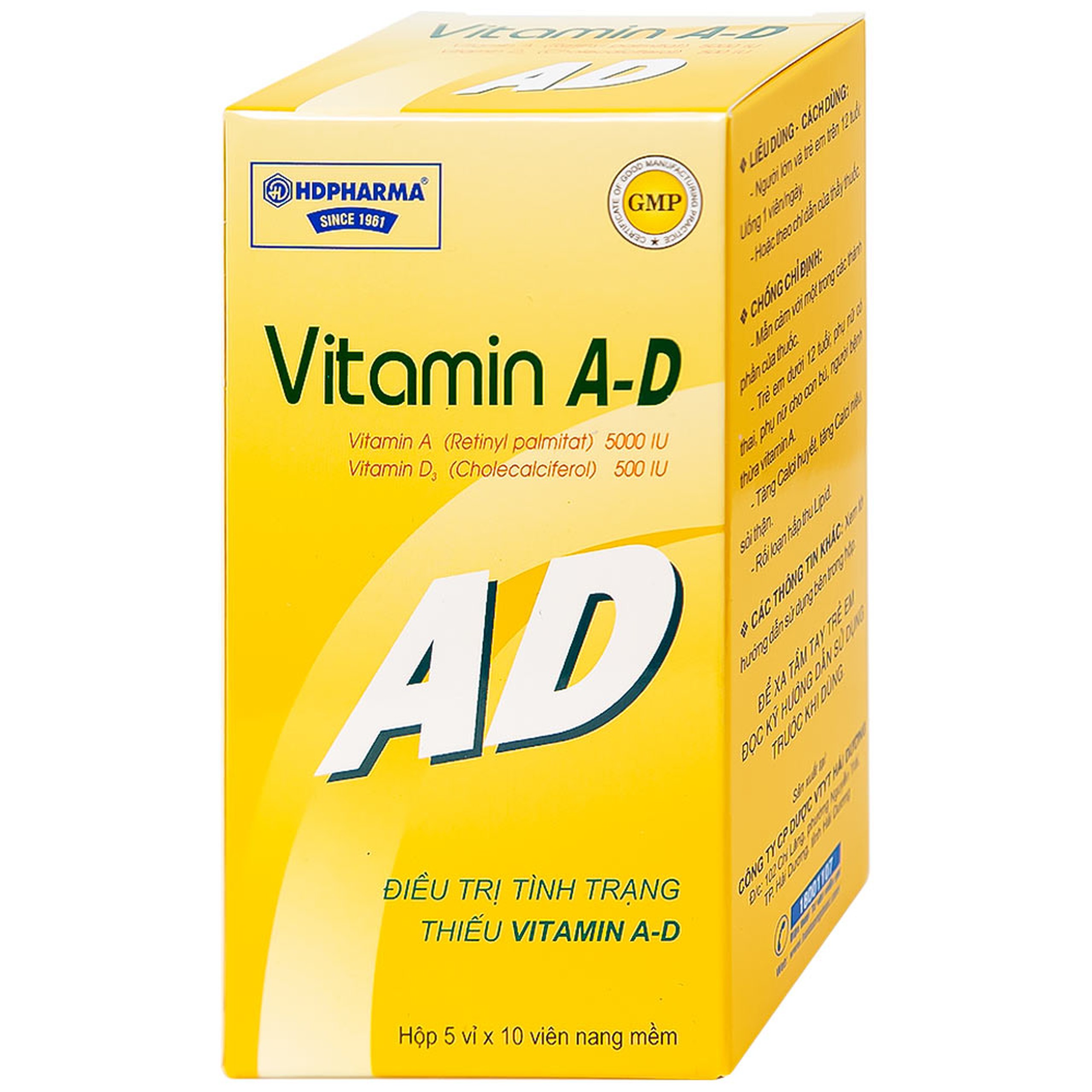 Thuốc Vitamin A-D HDpharma điều trị tình trạng thiếu Vitamin A và D (5 vỉ x 10 viên)