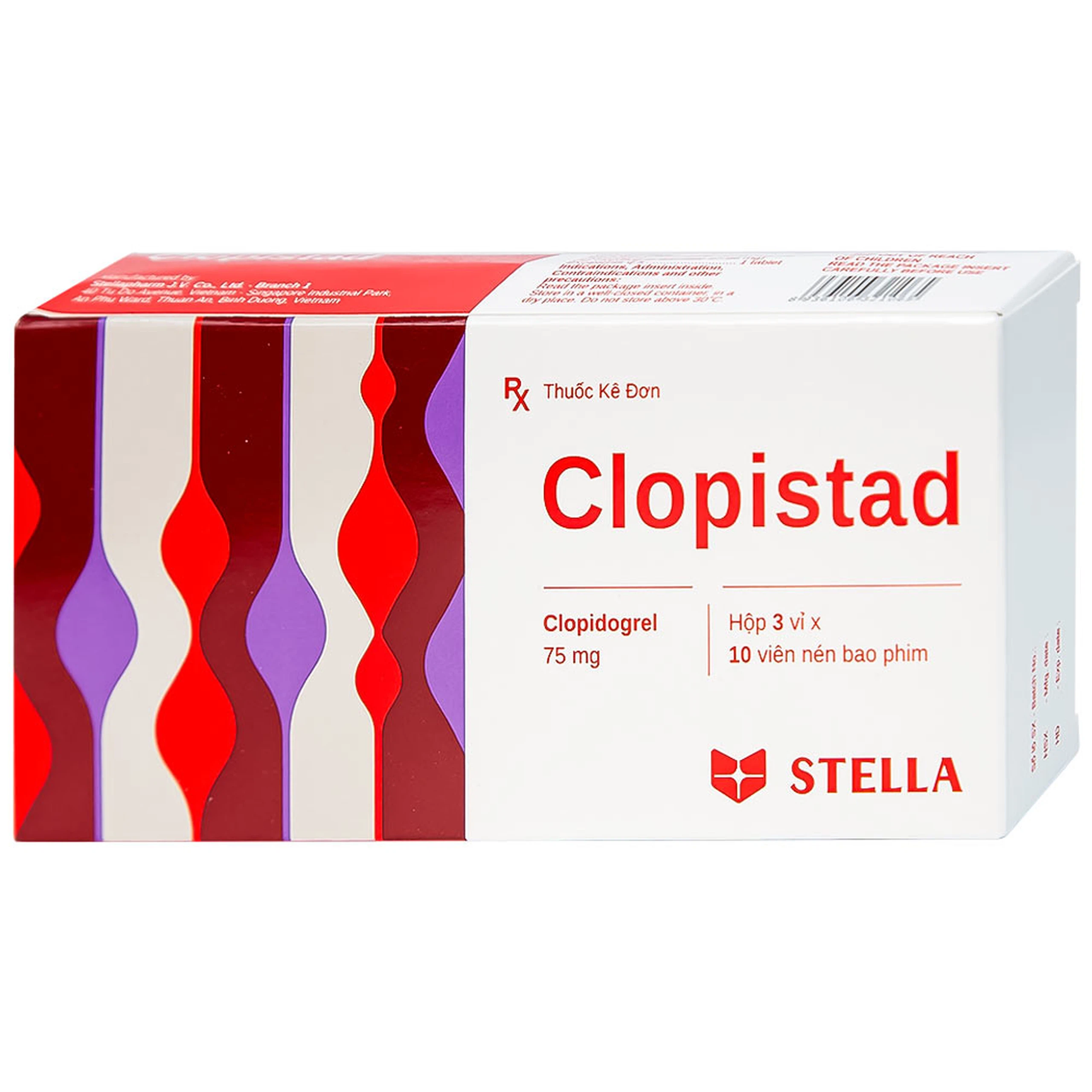 Thuốc Clopistad 75mg Stella phòng ngừa các biến cố do huyết khối động mạch (3 vỉ x 10 viên)
