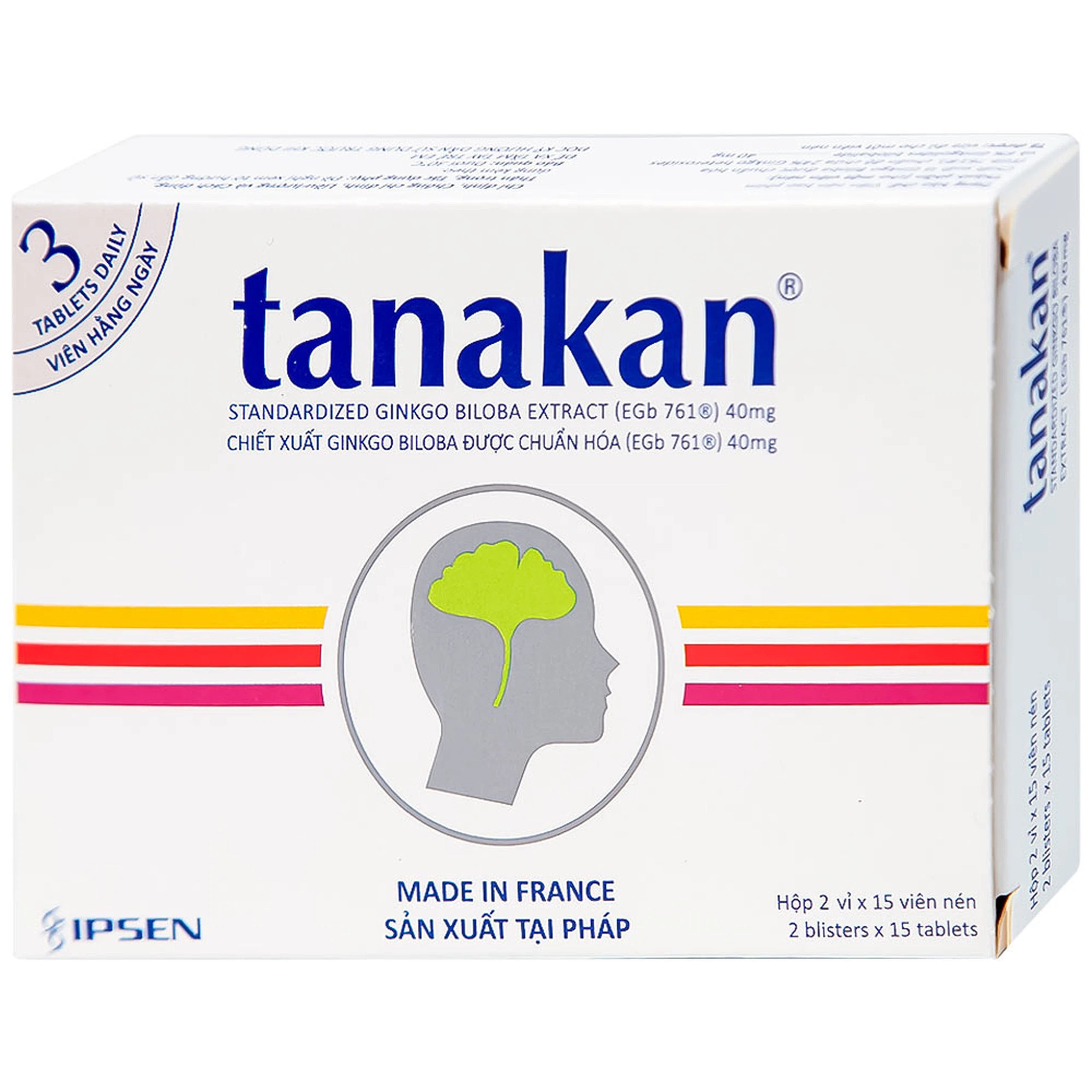 Thuốc Tanakan Ipsen điều trị triệu chứng rối loạn nhận thức ở người lớn tuổi (2 vỉ x 15 viên)