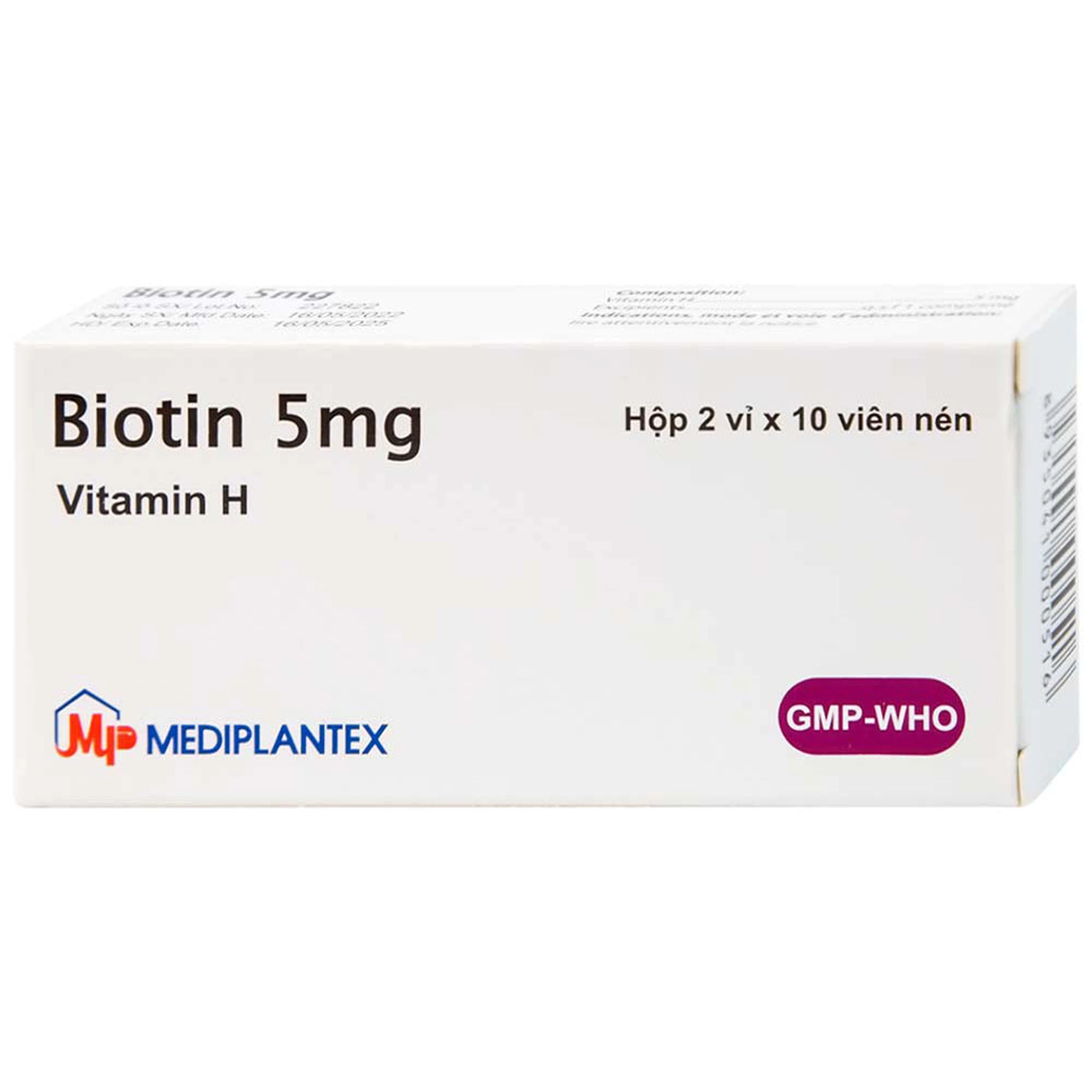 Thuốc Biotin 5mg Mediplantex điều trị thiếu hụt biotin (2 vỉ x 10 viên)