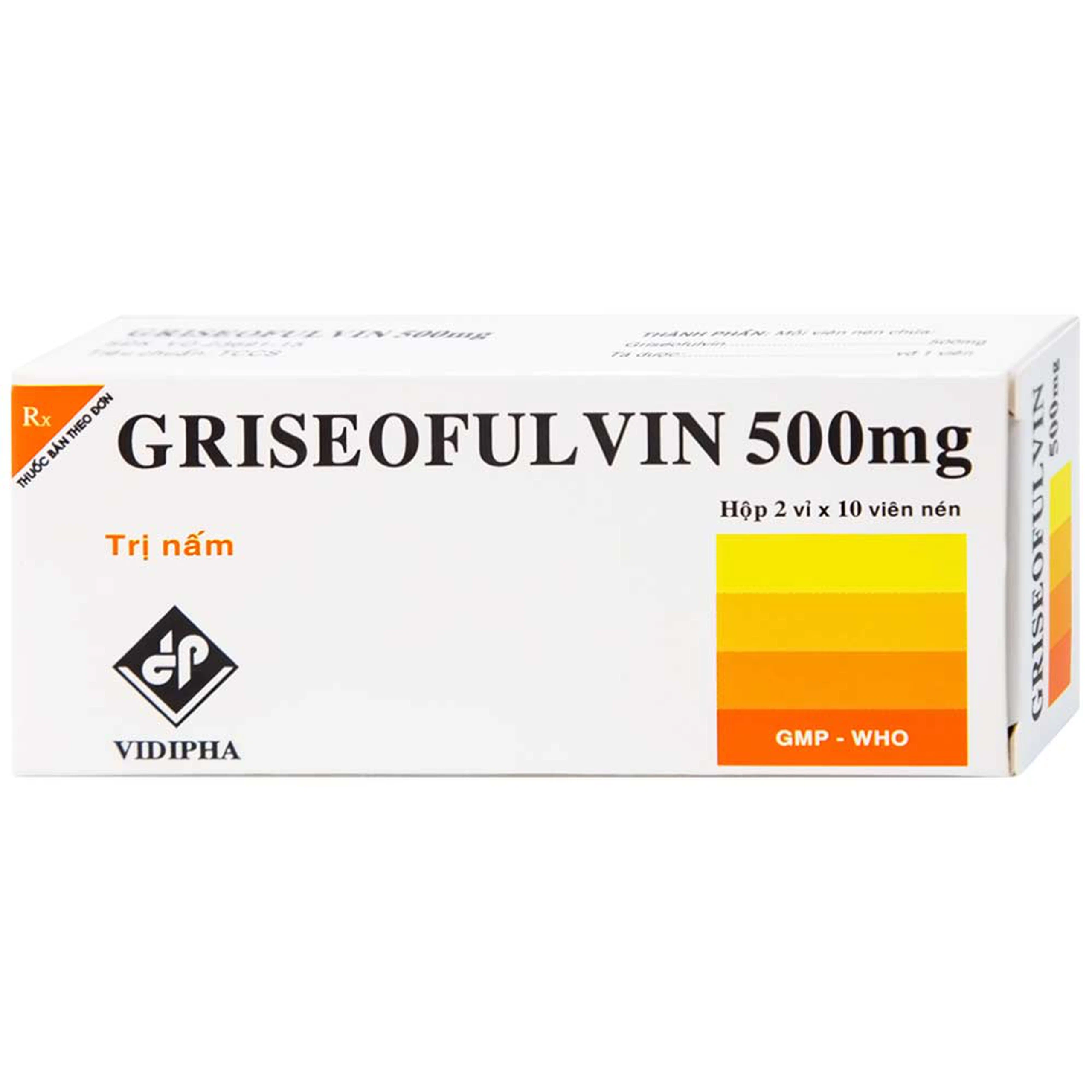 Thuốc Griseofulvin 500mg Vidipha điều trị các bệnh nấm da, tóc, lông, móng tay, móng chân (2 vỉ x 10 viên)