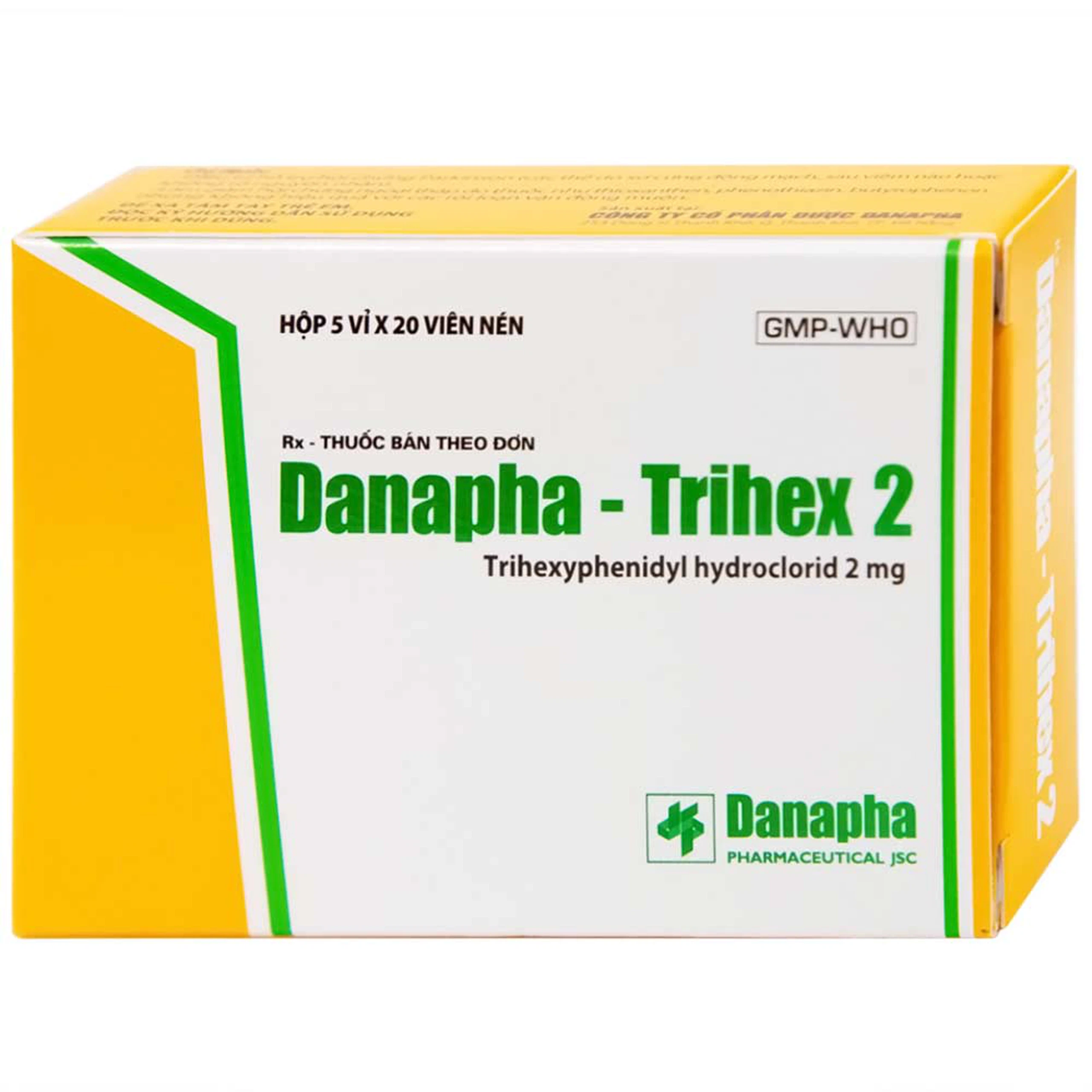 Thuốc Danapha - Trihex 2 điều trị hỗ trợ hội chứng Parkinson, giảm hội chứng ngoại tháp (5 vỉ x 20 viên)