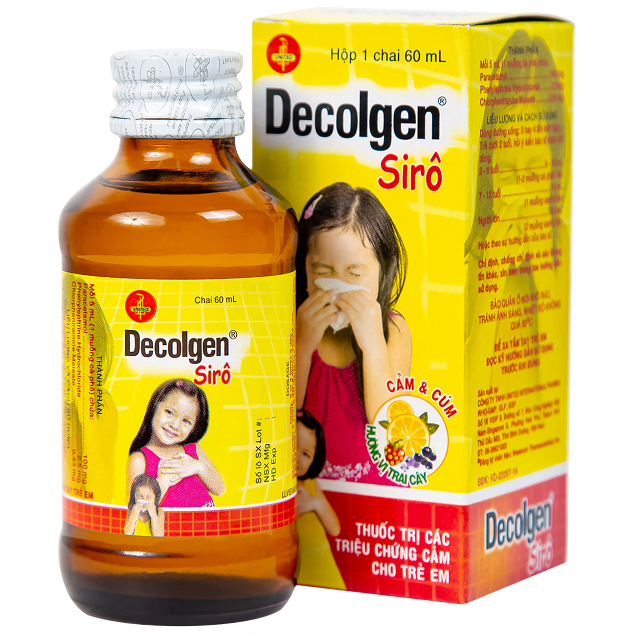 Siro Decolgen Untied điều trị các triệu chứng cảm thông thường, viêm mũi dị ứng (60ml)