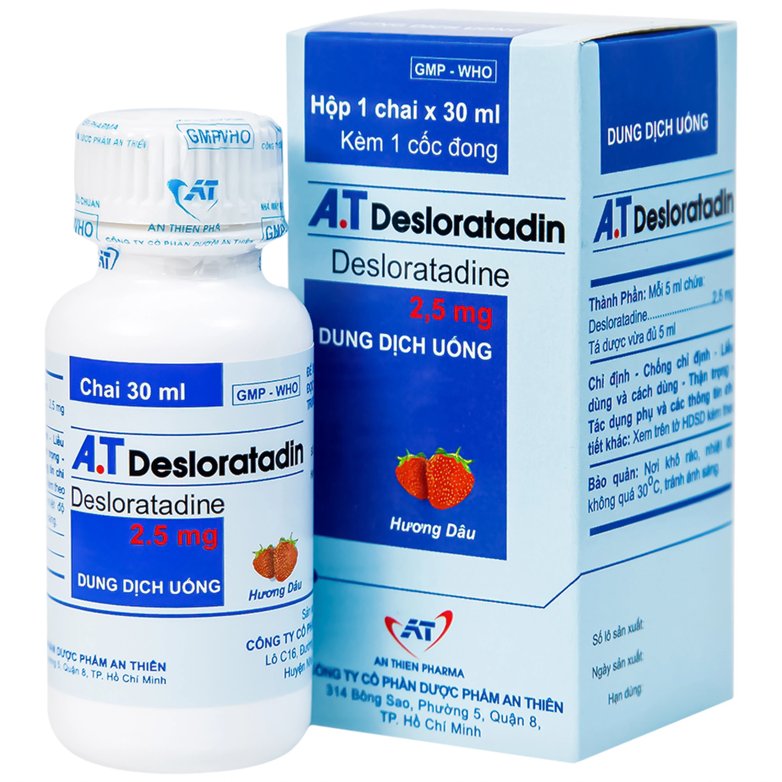 Dung dịch uống A.T Desloratadin An Thiên hương dâu giảm triệu chứng viêm mũi dị ứng, mày đay (30ml)