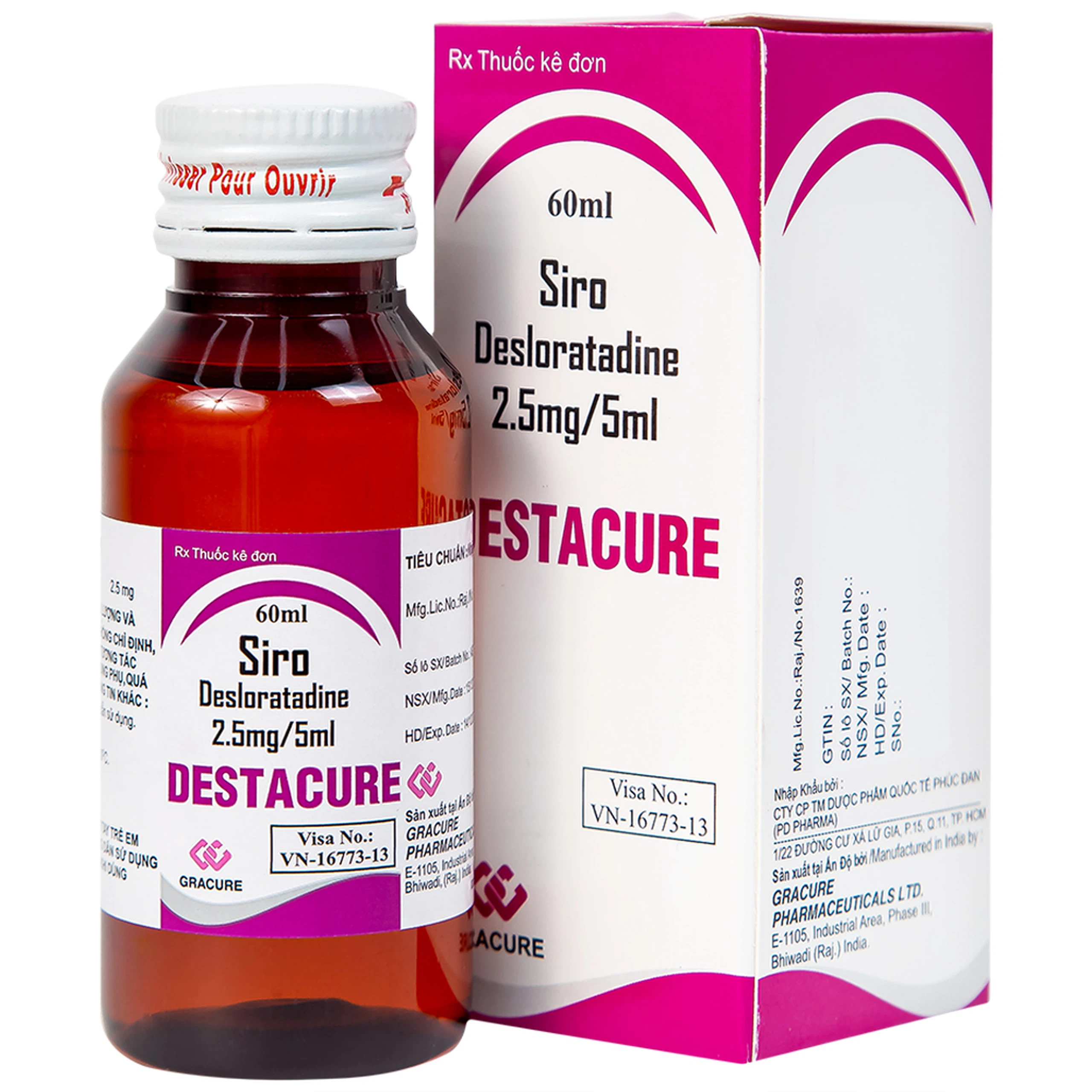 Siro Destacure 2.5mg/5ml Gracure điều trị viêm mũi dị ứng theo mùa và lâu năm, mày đay tự phát mãn tính (60ml)