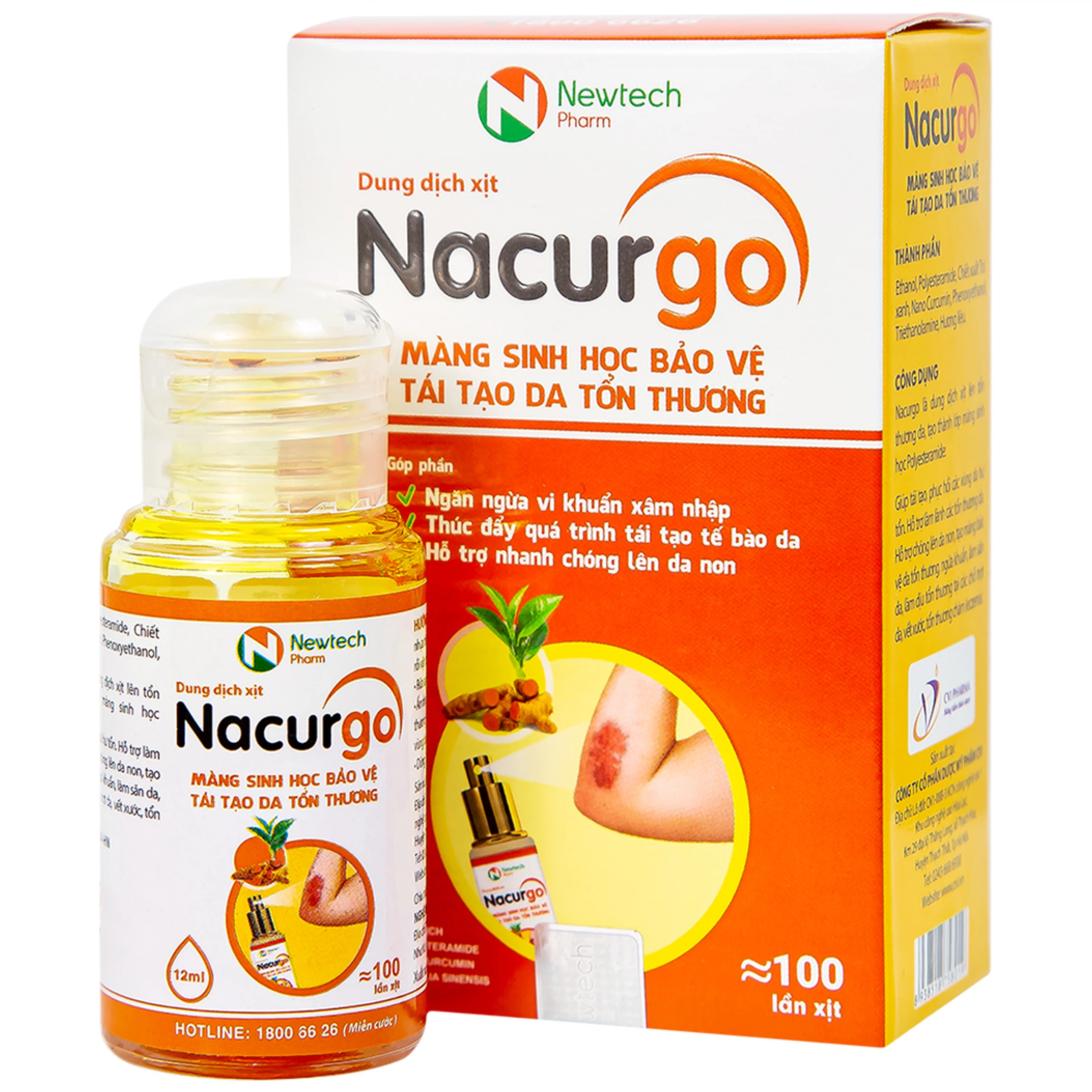 Dung dịch xịt Nacurgo màng sinh học bảo vệ, tái tạo da tổn thương (100 lần xịt)