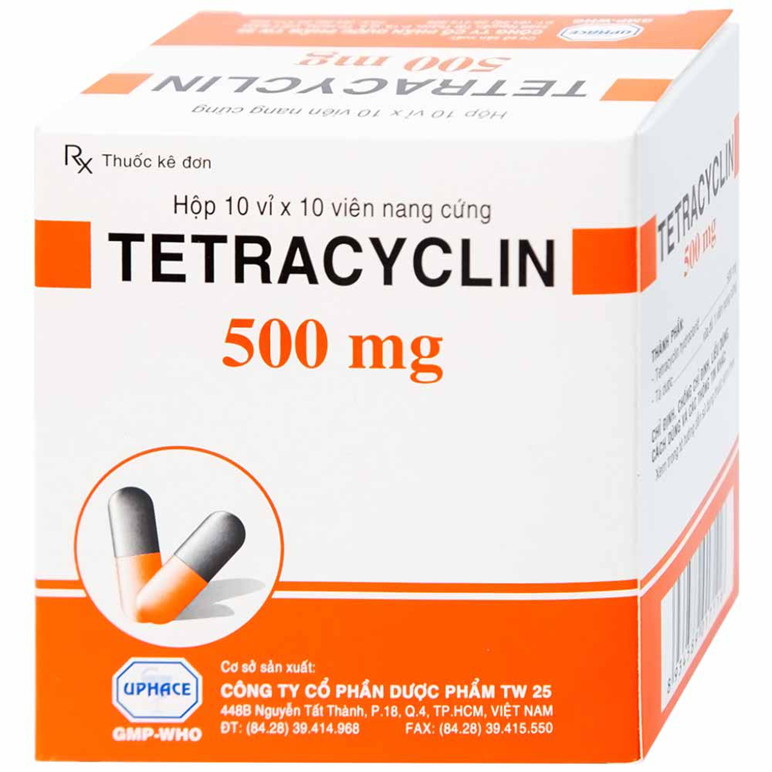 Thuốc  Tetracyclin 500mg Uphace điều trị nhiễm khuẩn đường hô hấp (10 vỉ x 10 viên)