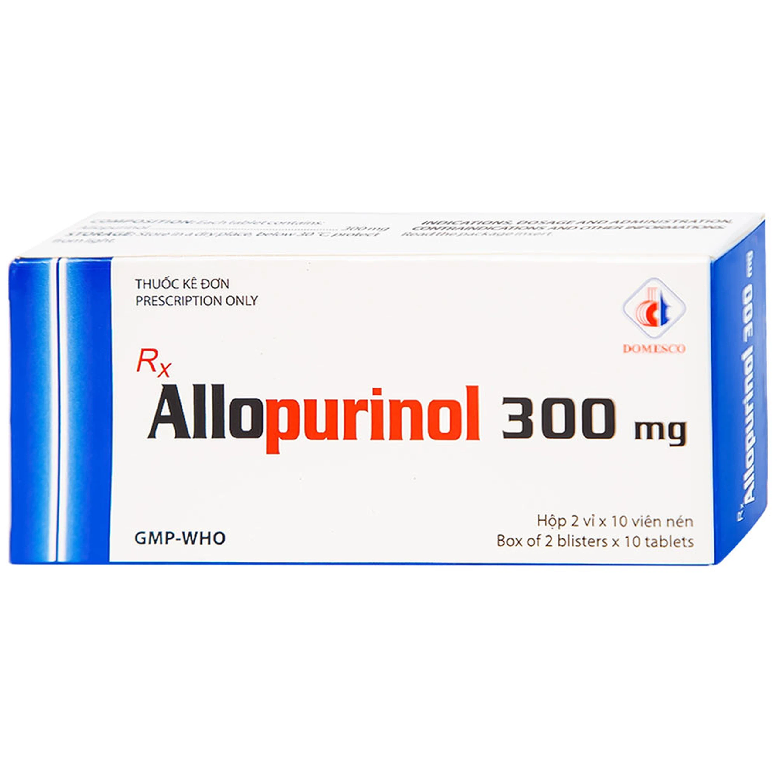 Thuốc Allopurinol 300mg Domesco điều trị tăng acid uric máu, sỏi thận (2 vỉ x 10 viên)