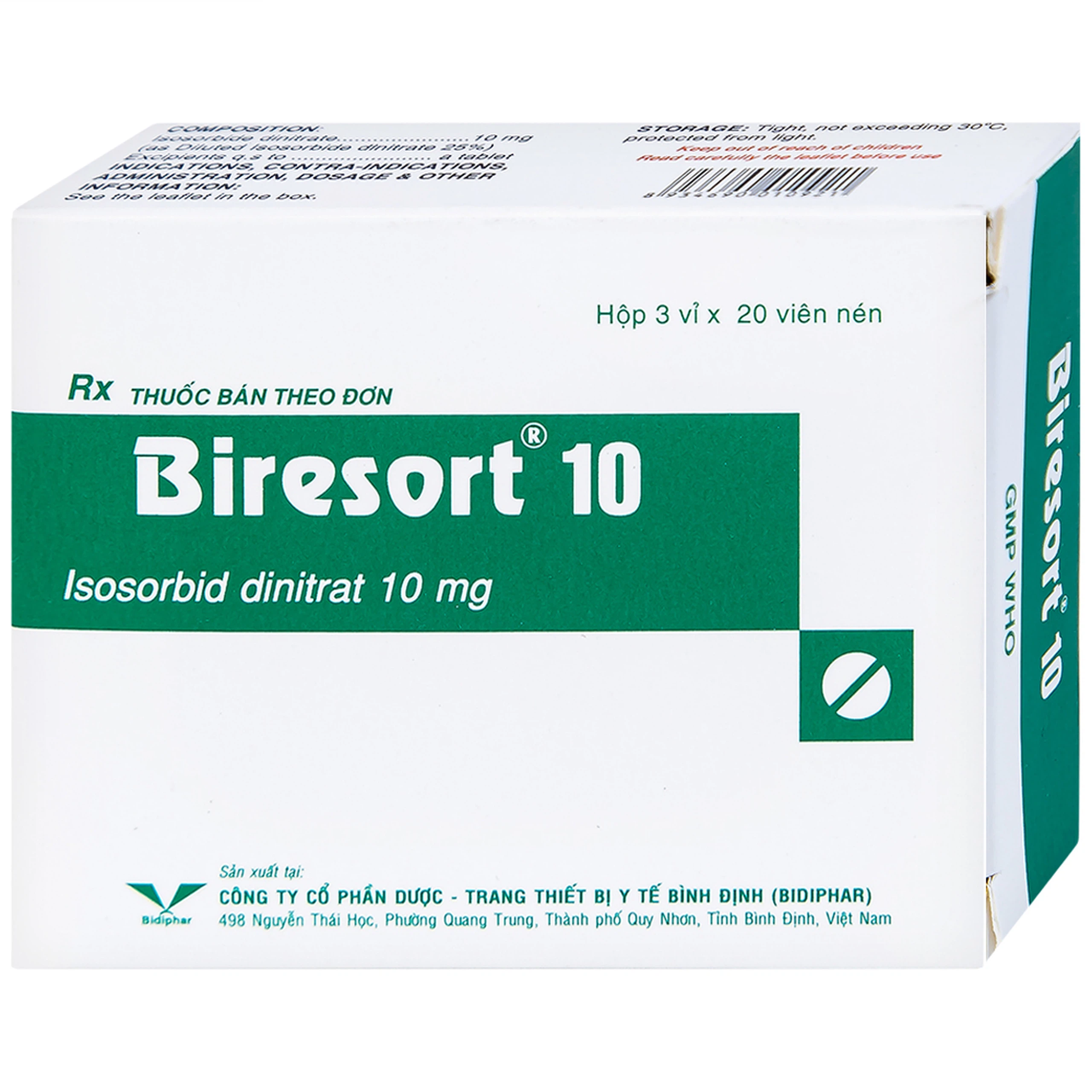 Thuốc Biresort 10 Bidiphar phòng và điều trị cơn đau thắt ngực, suy tim sung huyết (3 vỉ x 20 viên)