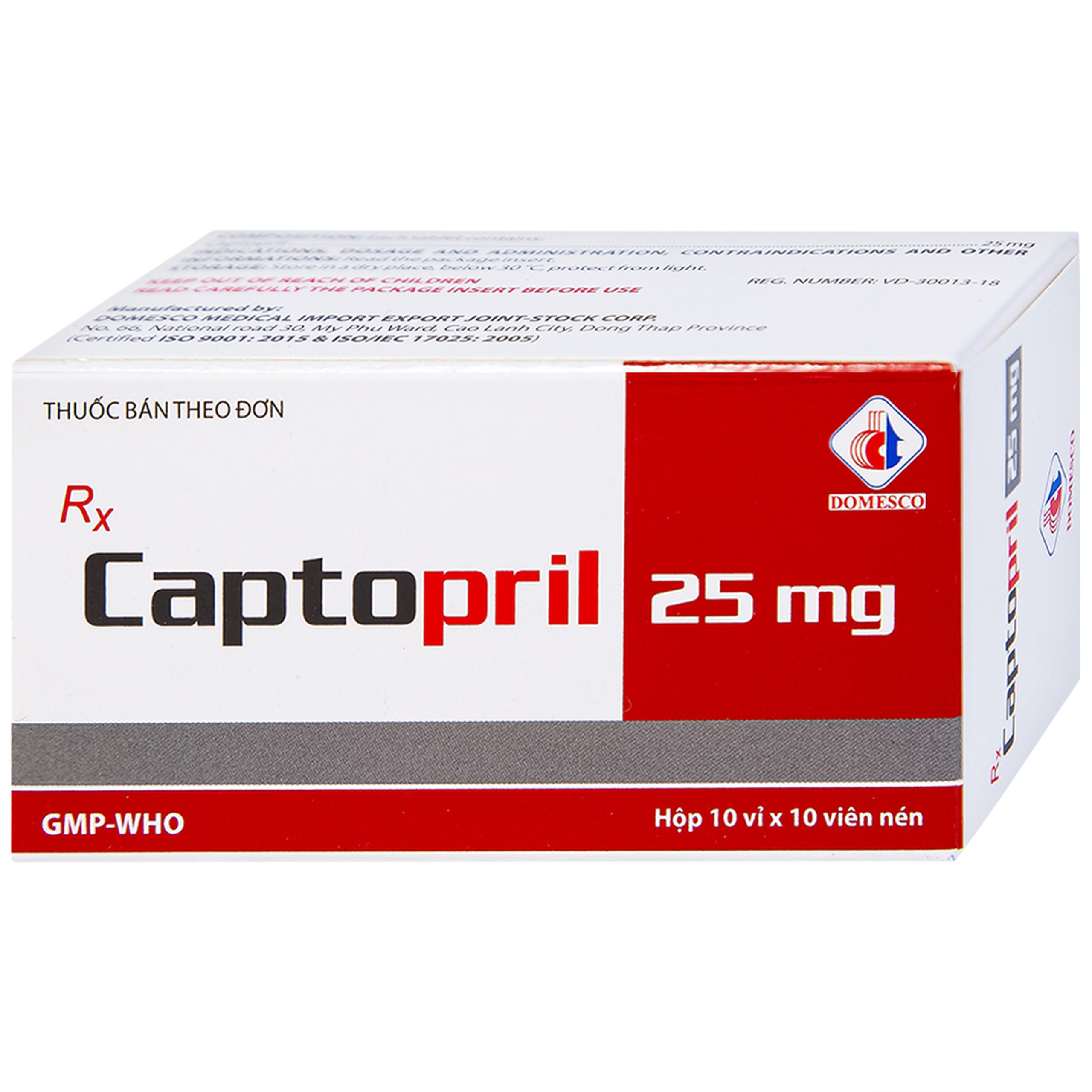 Thuốc Captopril 25mg Domesco điều trị tăng huyết áp, suy tim, nhồi máu cơ tim (10 vỉ x 10 viên) 