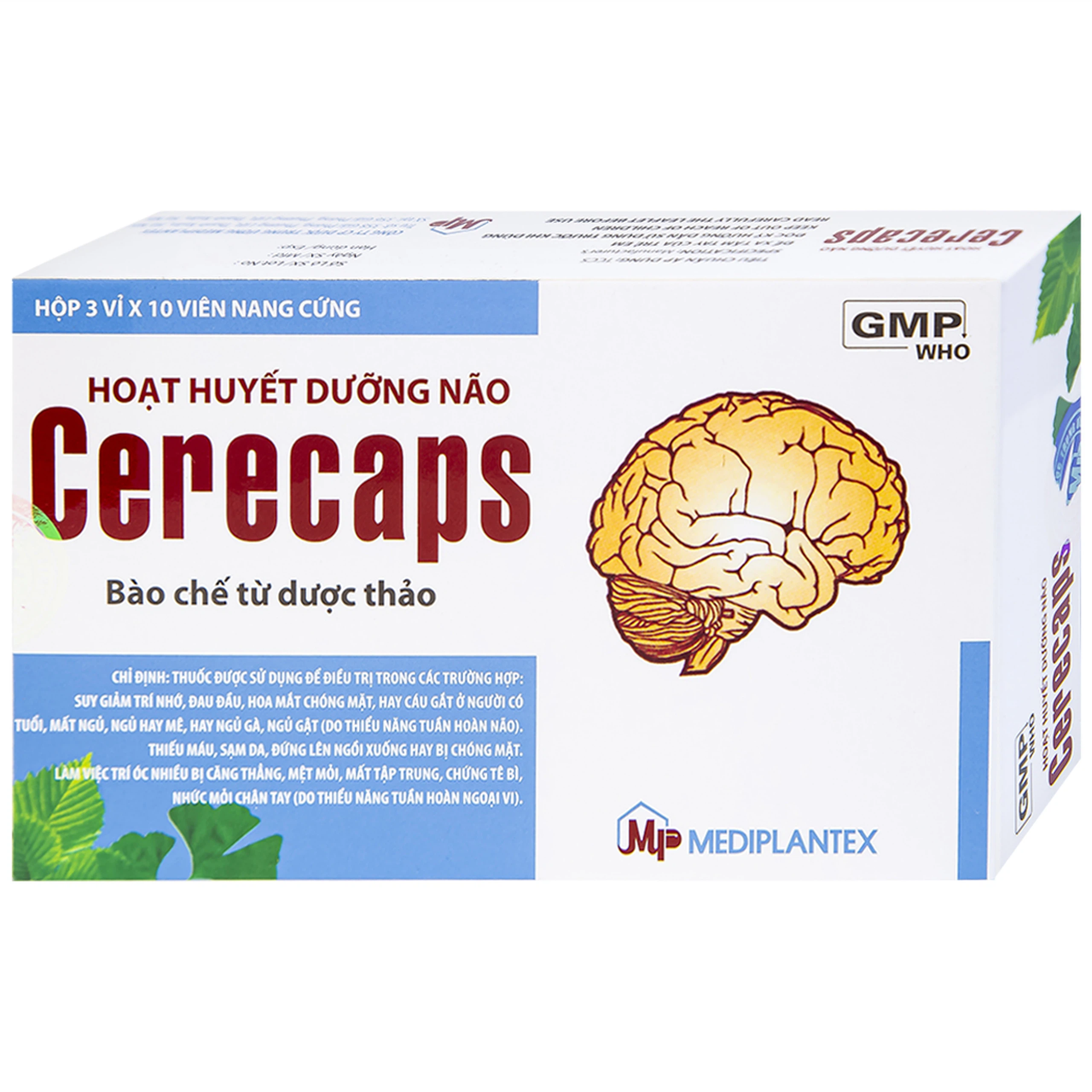 Hoạt huyết dưỡng não Cerecaps Mediplantex điều trị suy giảm trí nhớ, đau đầu (3 vỉ x 10 viên)