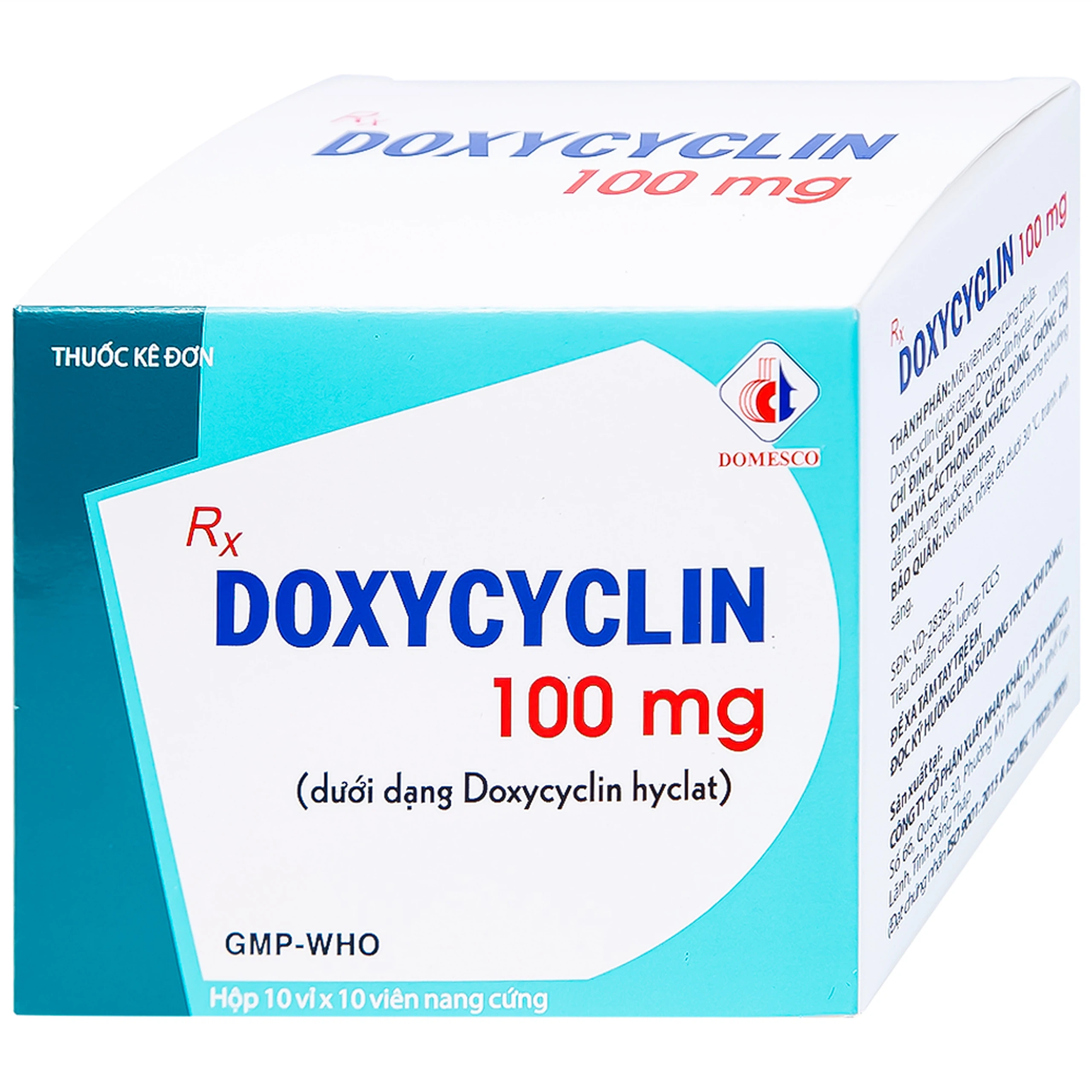 Thuốc Doxycyclin 100mg Domesco điều trị nhiễm khuẩn (10 vỉ x 10 viên)