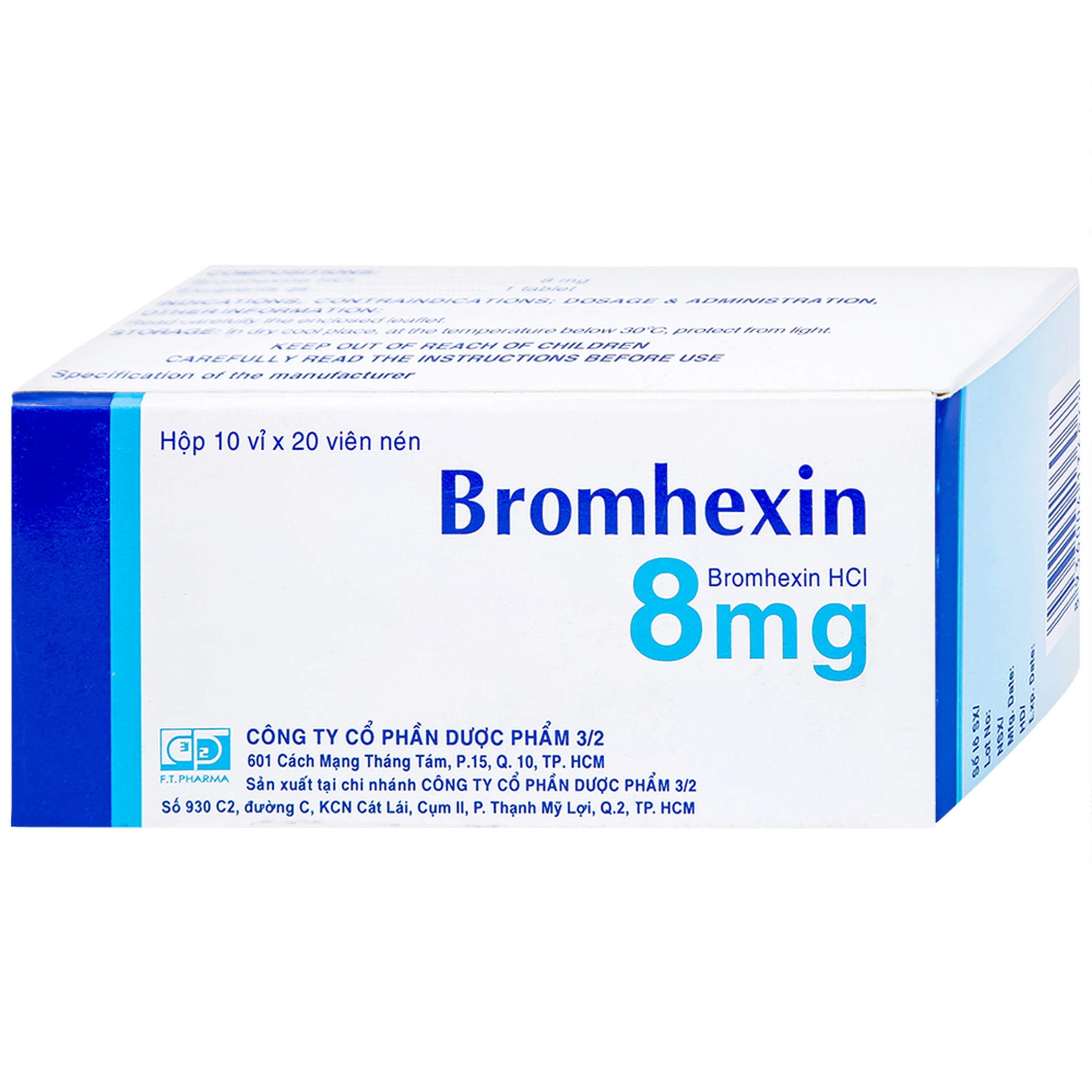 Thuốc Bromhexin 8mg Dược 3-2 tan đàm trong viêm khí phế quản, viêm phế quản mạn tính (10 vỉ x 20 viên)
