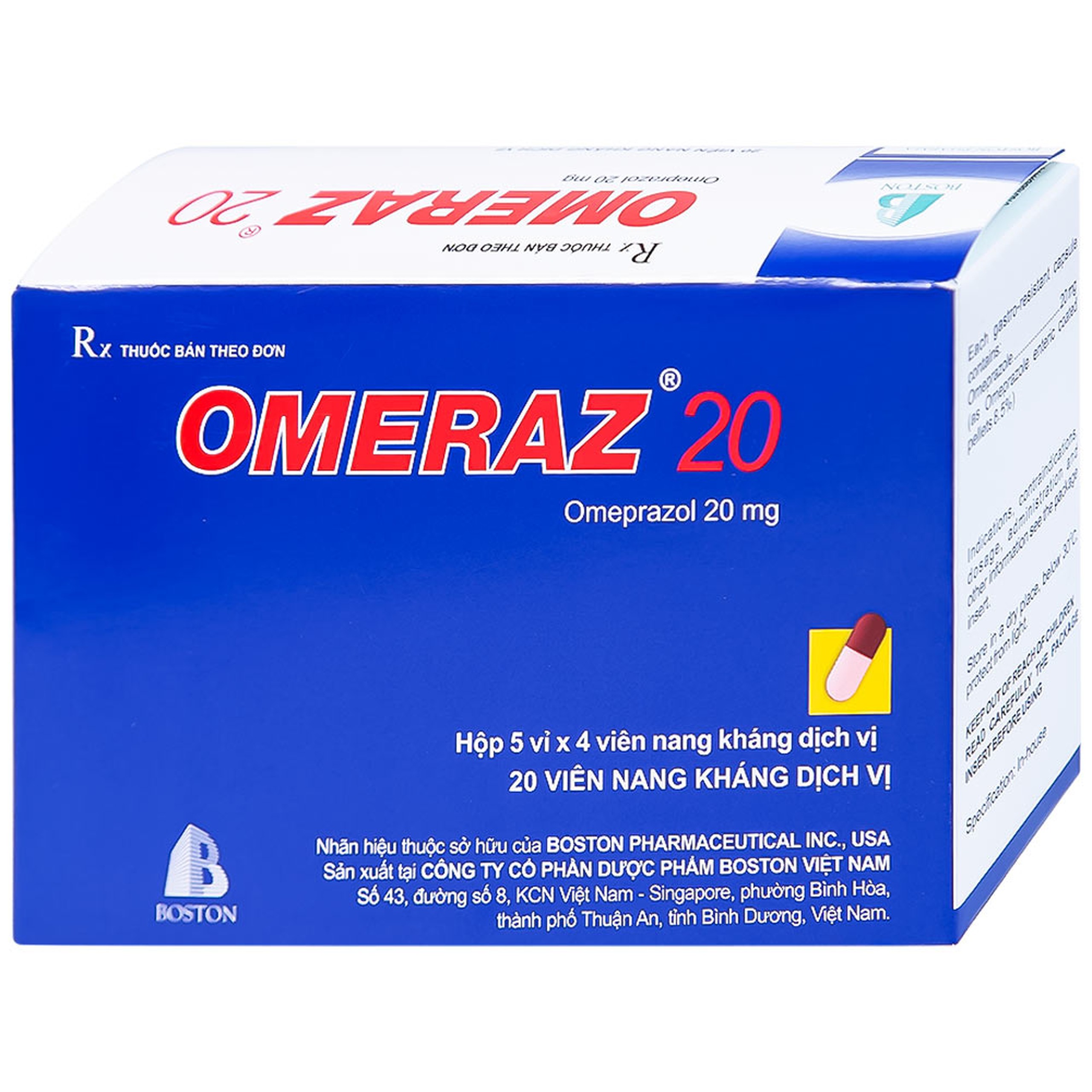 Viên nang Omeraz 20 Boston điều trị và dự phòng tái phát loét dạ dày, tá tràng (5 vỉ x 4 viên) 