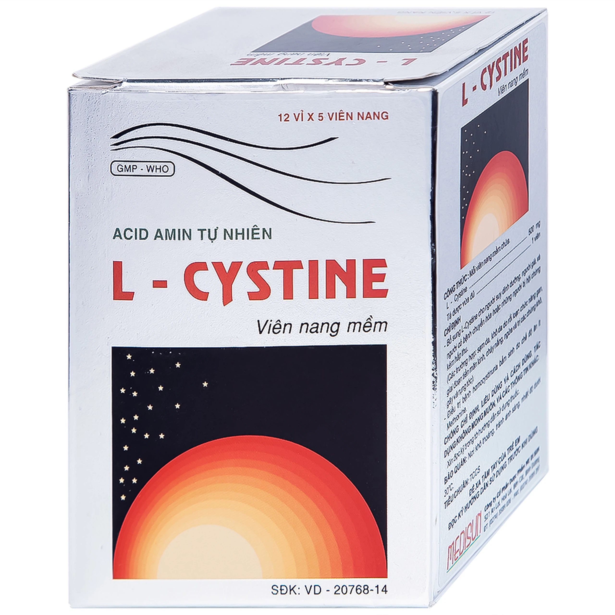 Viên nang mềm L-Cystine 500mg Medisun bổ sung cho người suy dinh dưỡng, kém hấp thu, sạm da (12 vỉ x 5 viên)
