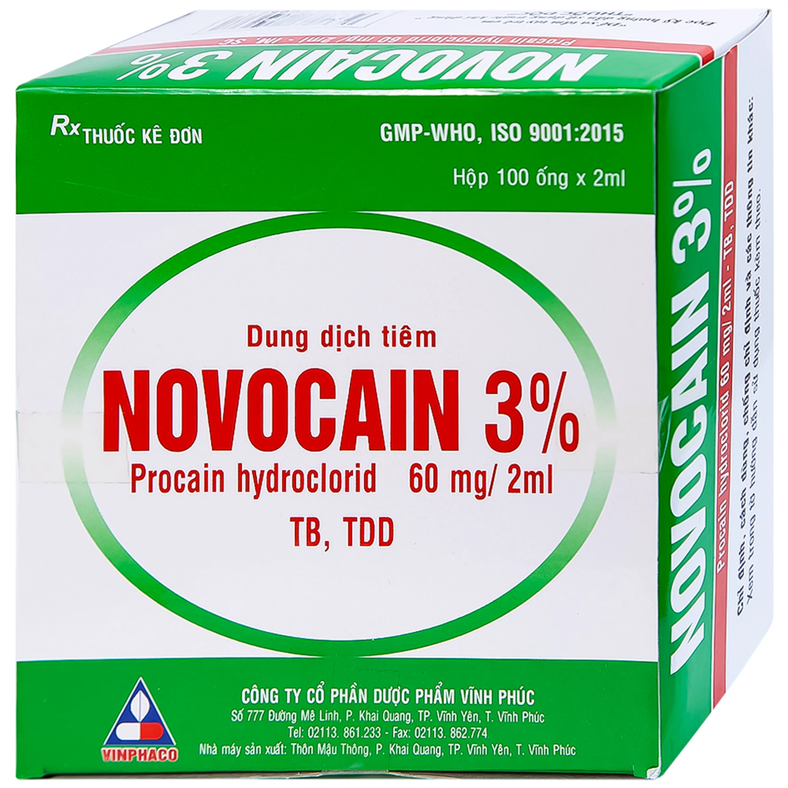 Dung dịch tiêm Novocain 3% Vinphaco gây tê tiêm thấm, gây tê vùng, gây tê tủy sống (100 ống x 2ml) 