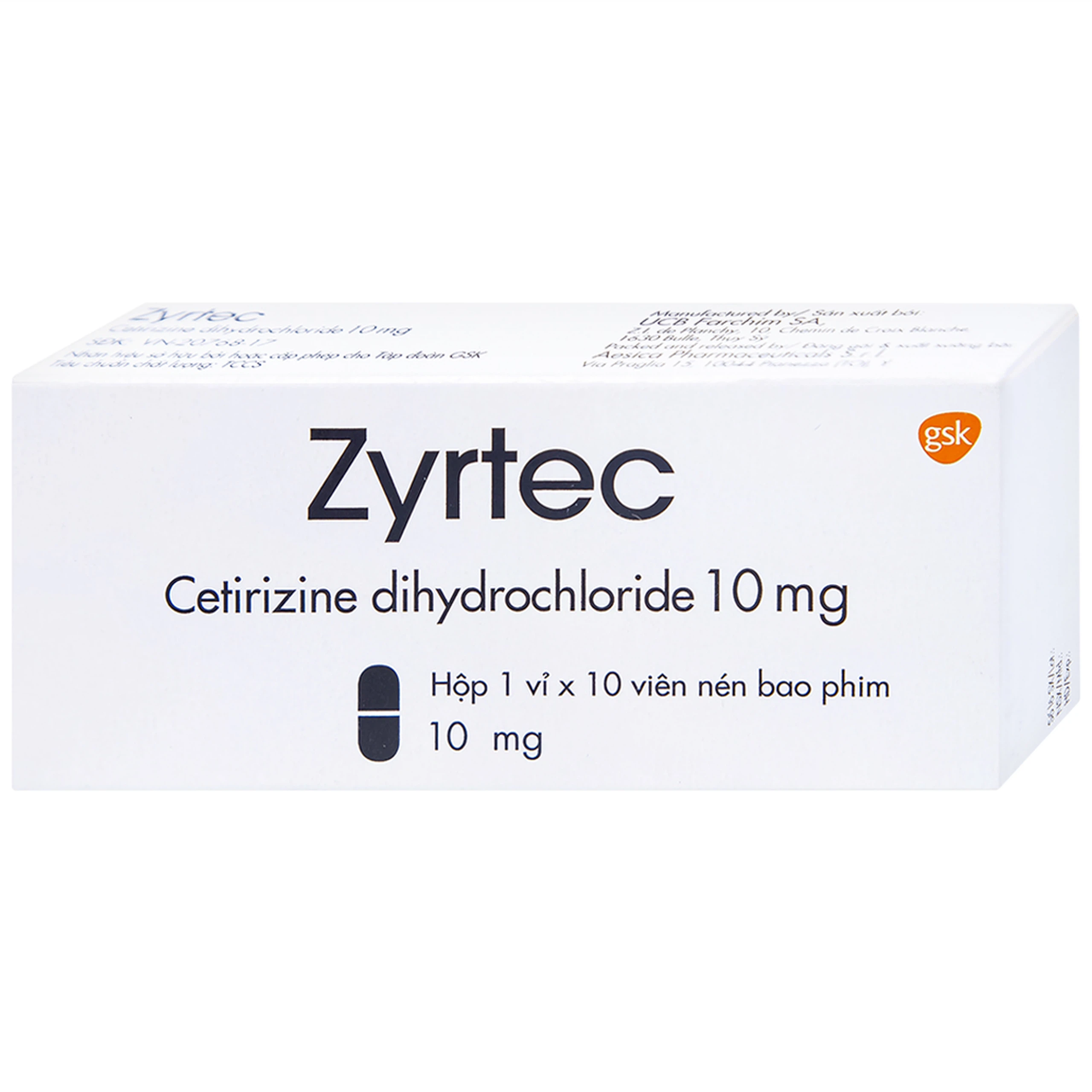 Thuốc Zyrtec GSK giảm viêm mũi dị ứng, mày đay tự phát, mạn tính (1 vỉ x 10 viên)