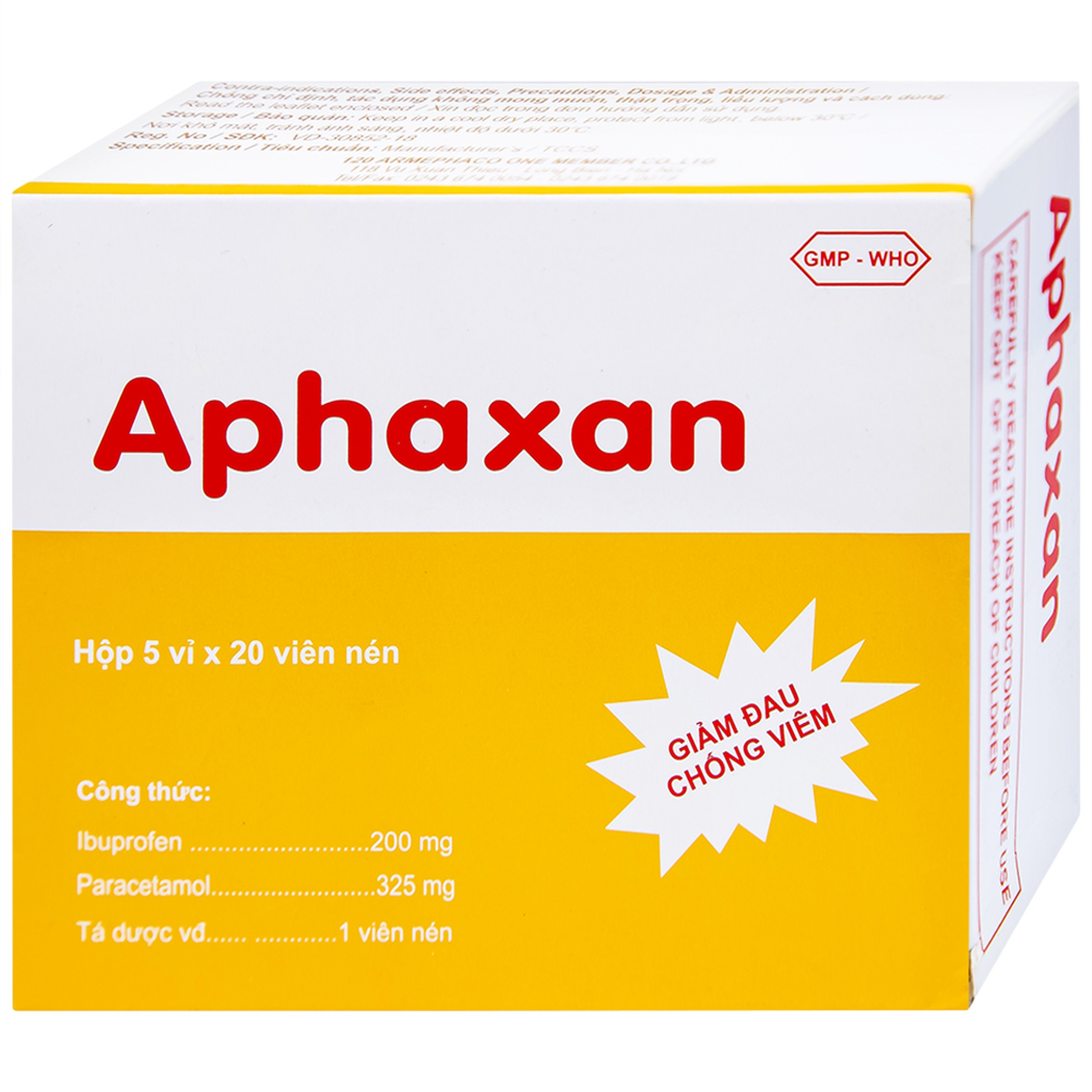 Thuốc Aphaxan Armephaco giảm đau, chống viêm (5 vỉ x 20 viên)
