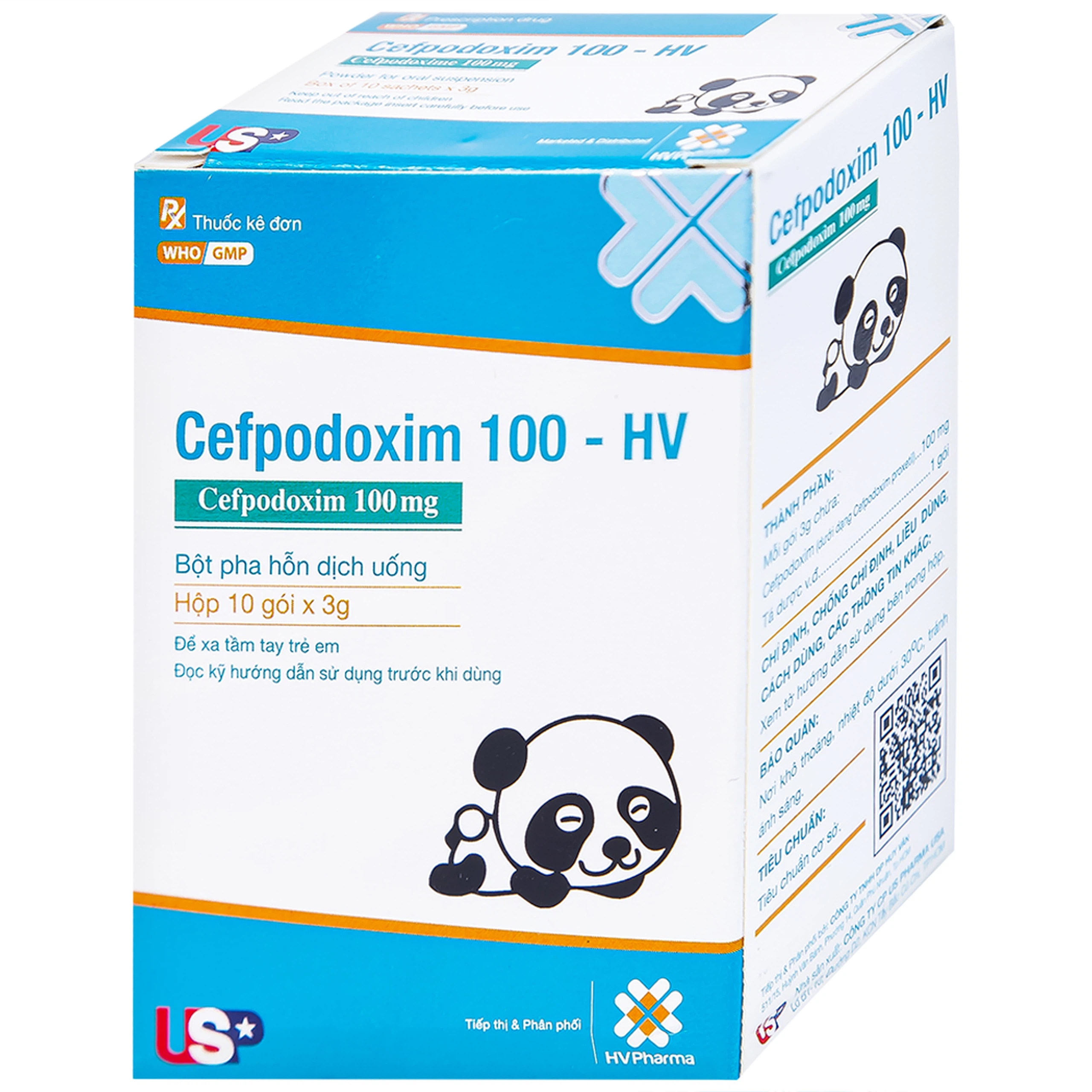 Bột pha hỗn dịch uống Cefpodoxim 100-HV USP điều trị nhiễm khuẩn (10 gói x 3g)
