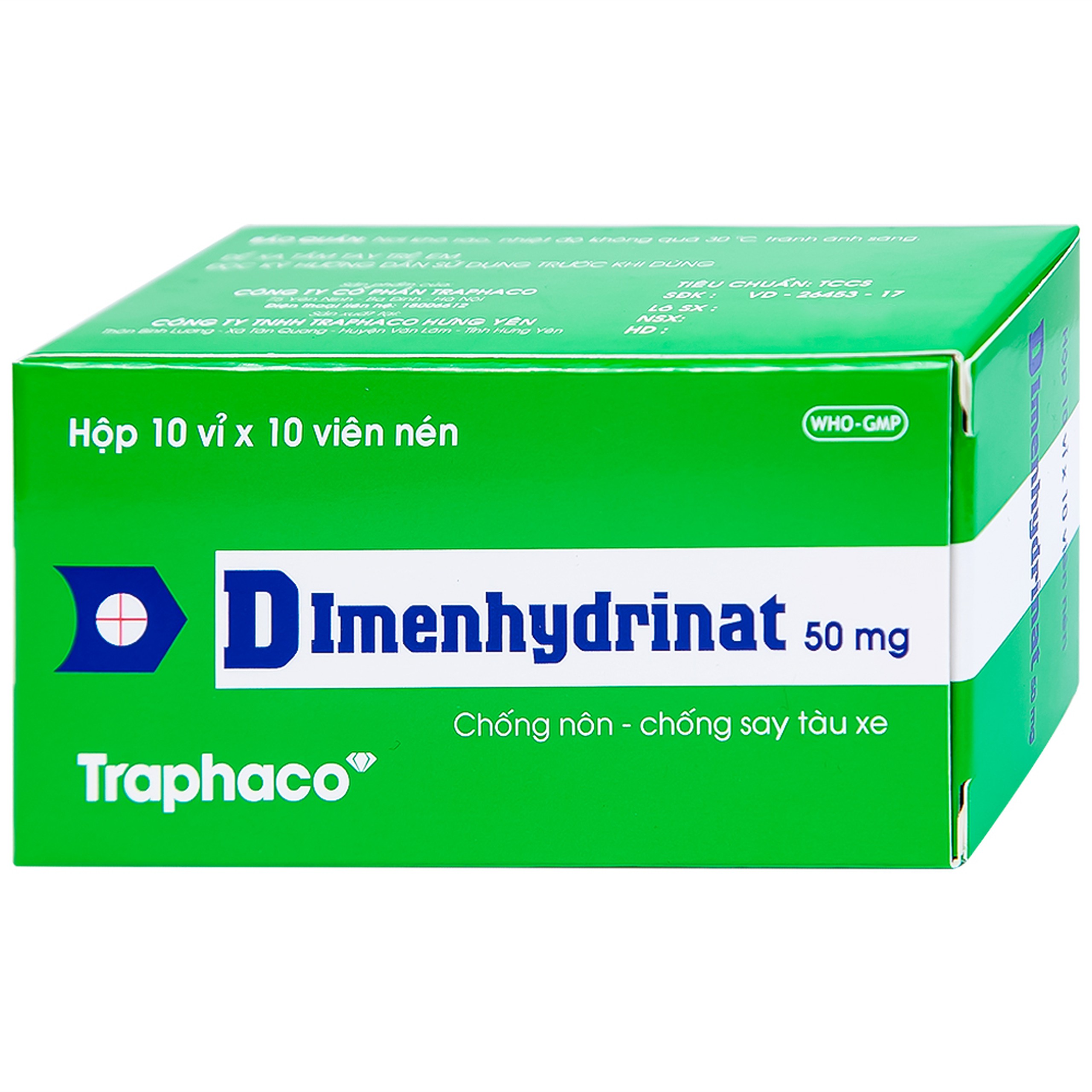 Thuốc Dimenhydrinat 50mg Traphaco chống nôn, chống say tàu xe (10 vỉ x 10 viên)