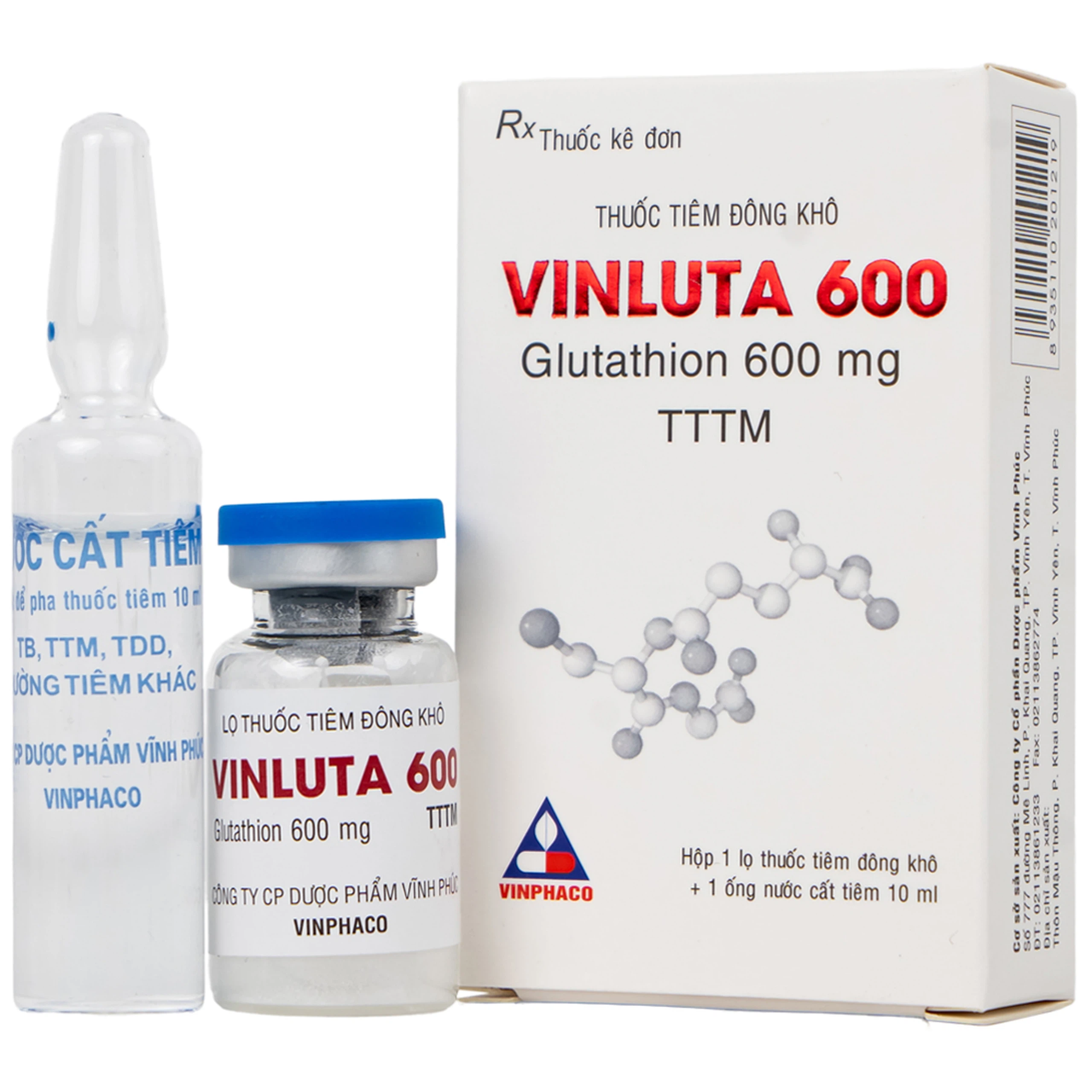 Thuốc tiêm Vinluta 600 Vinphaco giảm độc tính của xạ trị và hóa chất điều trị ung thư (1 lọ bột + 1 ống nước cất tiêm 10ml)