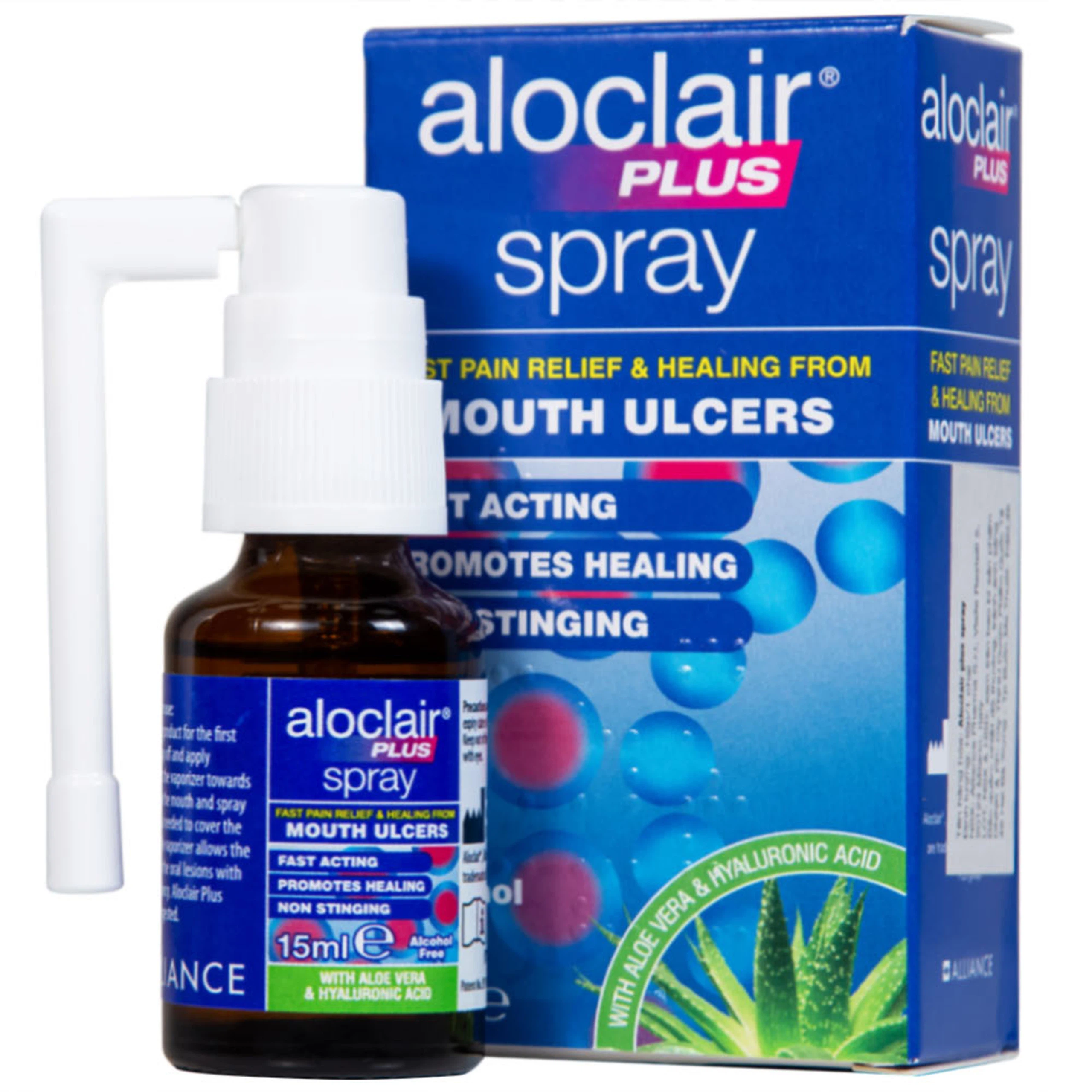Chai xịt Aloclair Plus Spray giảm đau nhanh bệnh tay chân miệng, nhiệt miệng, chỉnh nha, nhổ răng (15ml)