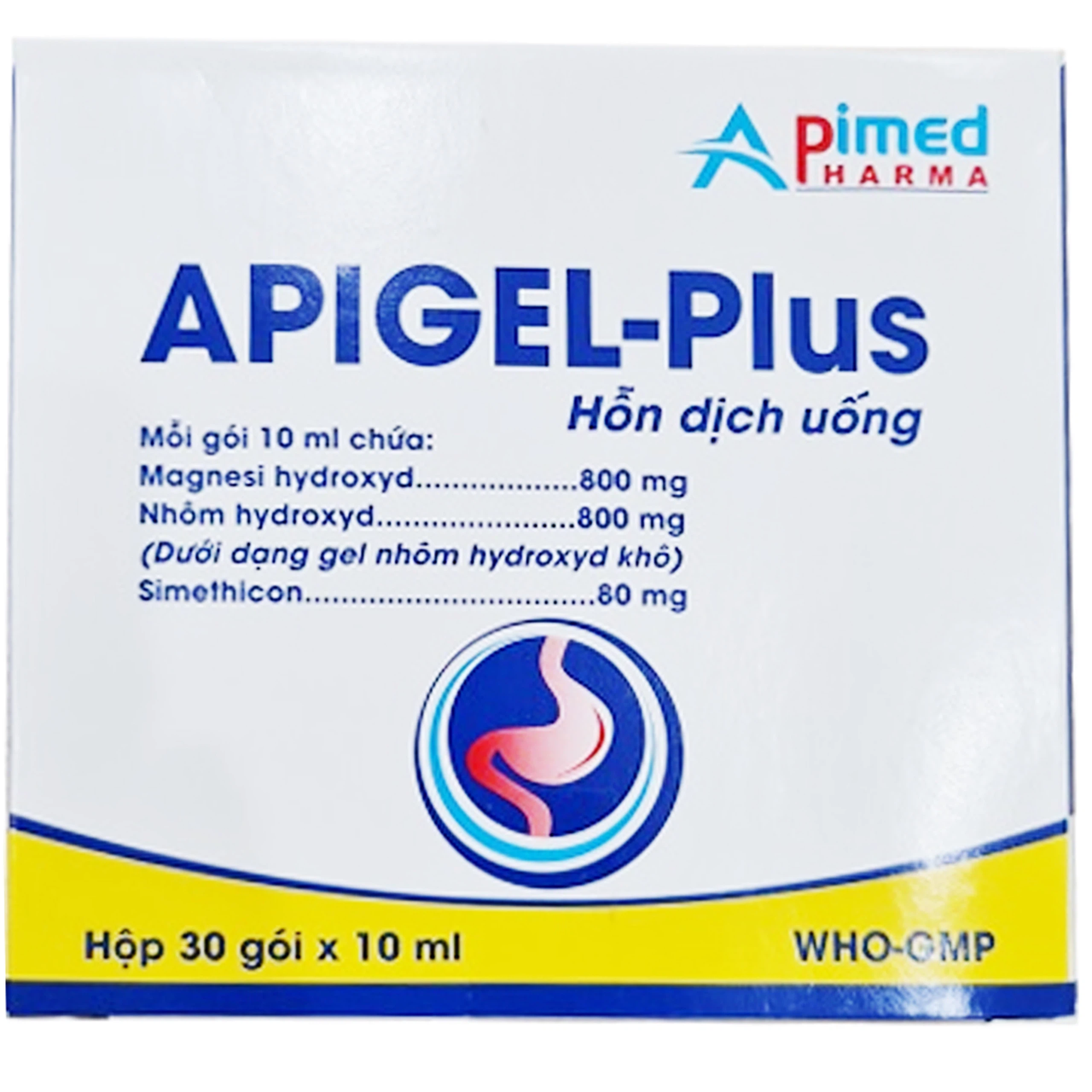 Hỗn dịch uống Apigel-Plus Apimed điều trị viêm dạ dày cấp tính - mãn tính, trào ngược dạ dày thực quản (30 gói x 1ml)