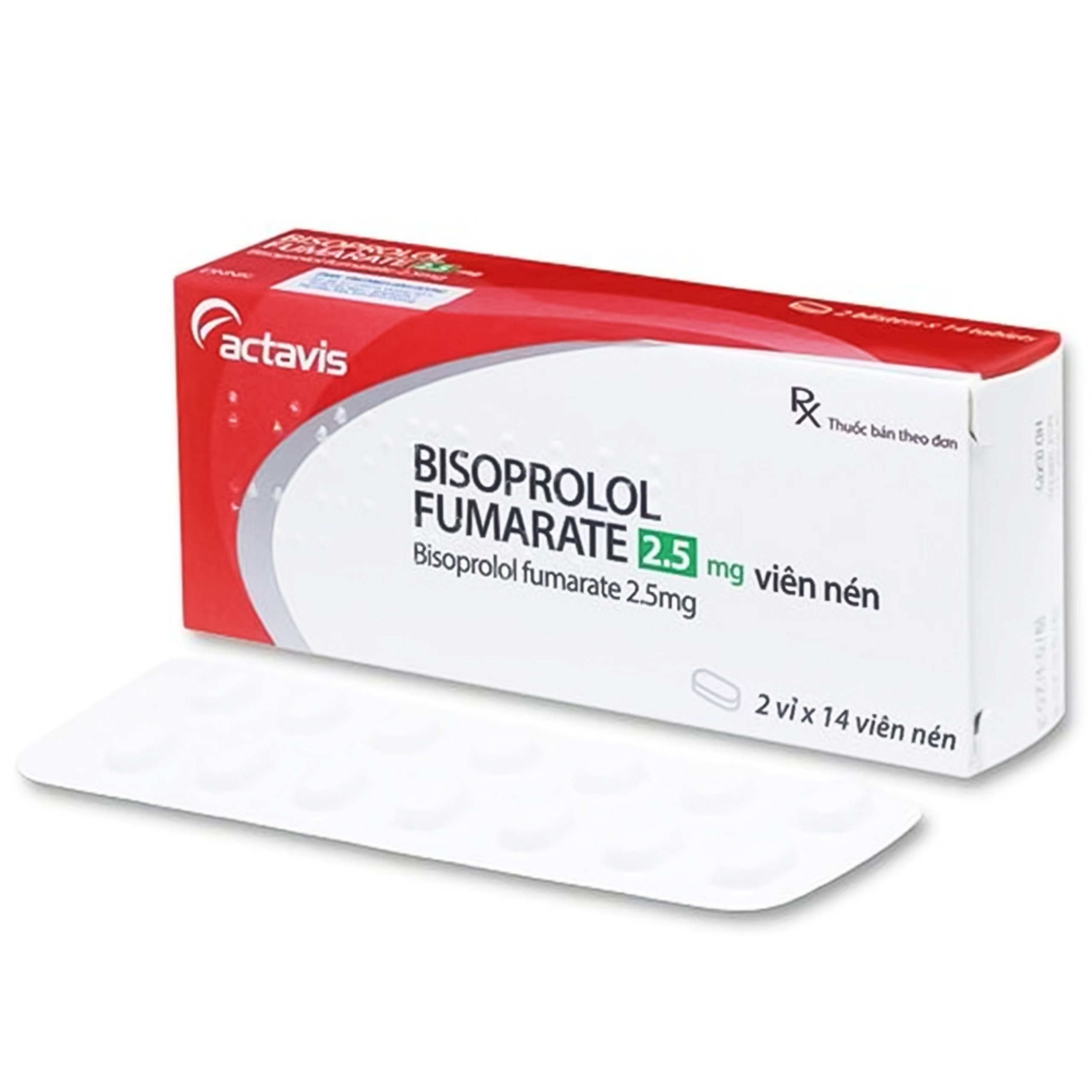 Thuốc Bisoprolol Fumarate 2.5mg Actavis điều trị tăng huyết áp, đau thắt ngực ổn định mạn tính (2 vỉ x 14 viên)