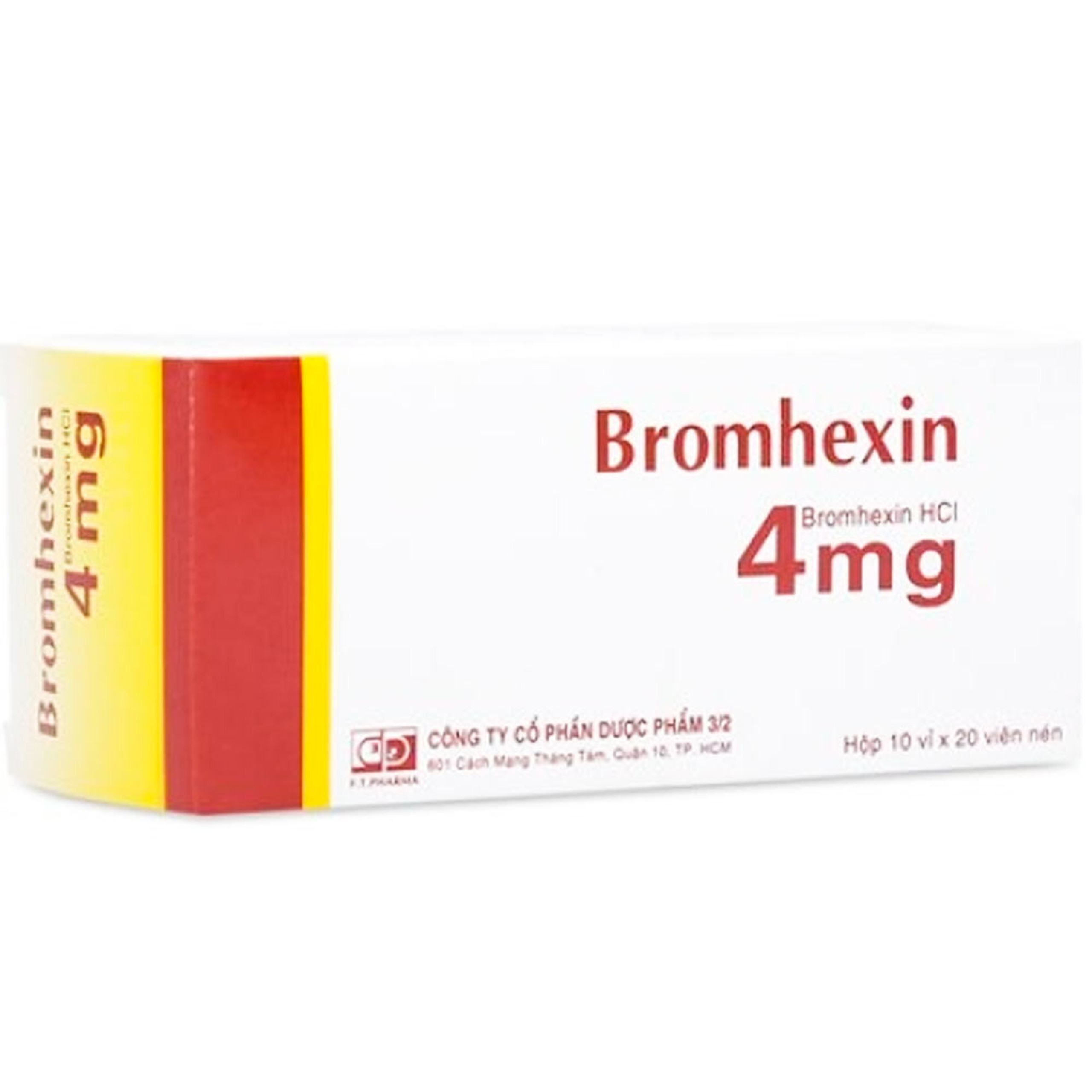 Thuốc Bromhexin 4mg Dược 3-2 tan đàm trong viêm khí phế quản, viêm phế quản mạn tính (10 vỉ x 20 viên)