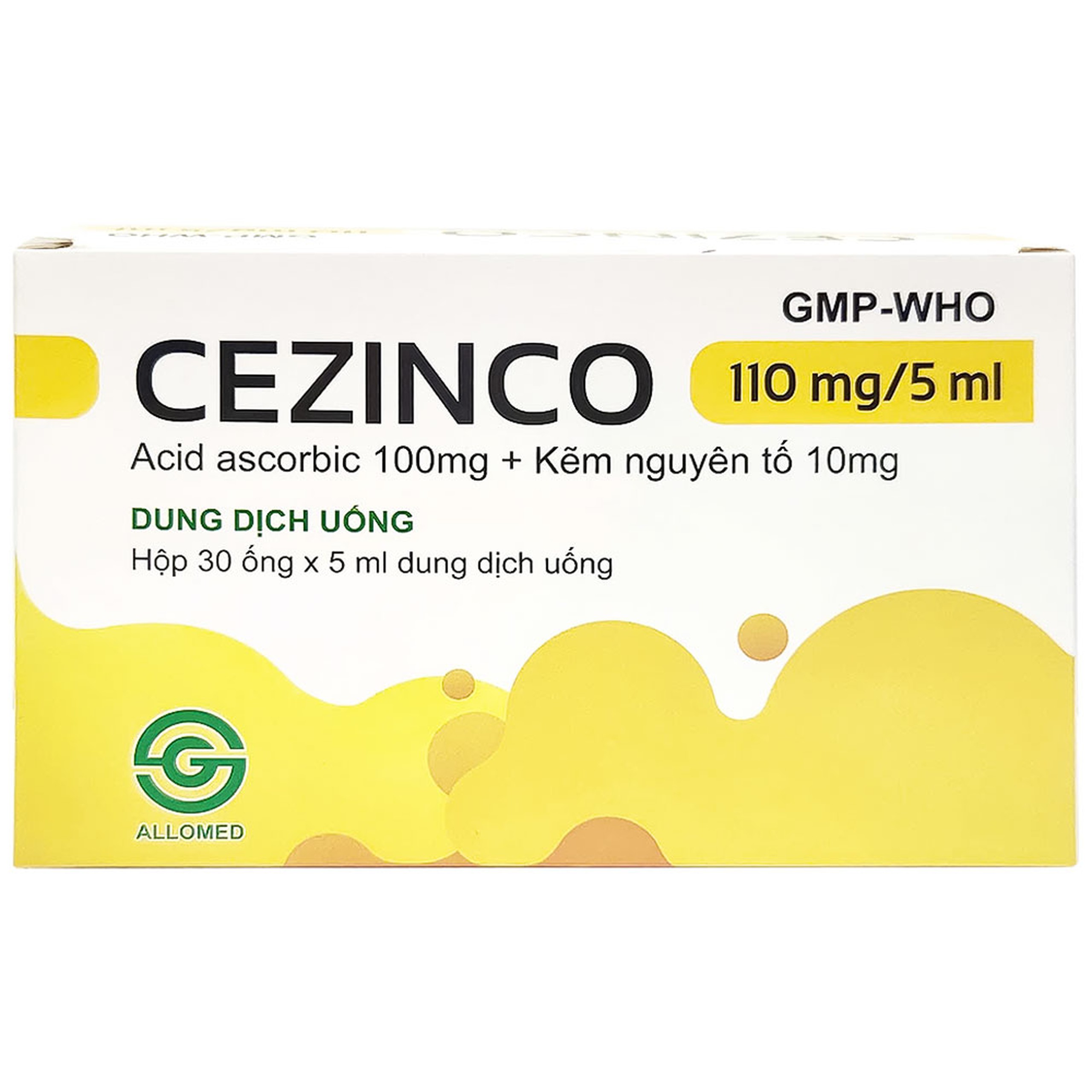 Dung dịch uống Cezinco 110mg/5ml Allomed phòng ngừa và điều trị thiếu vitamin C, thiếu kẽm (30 ống)