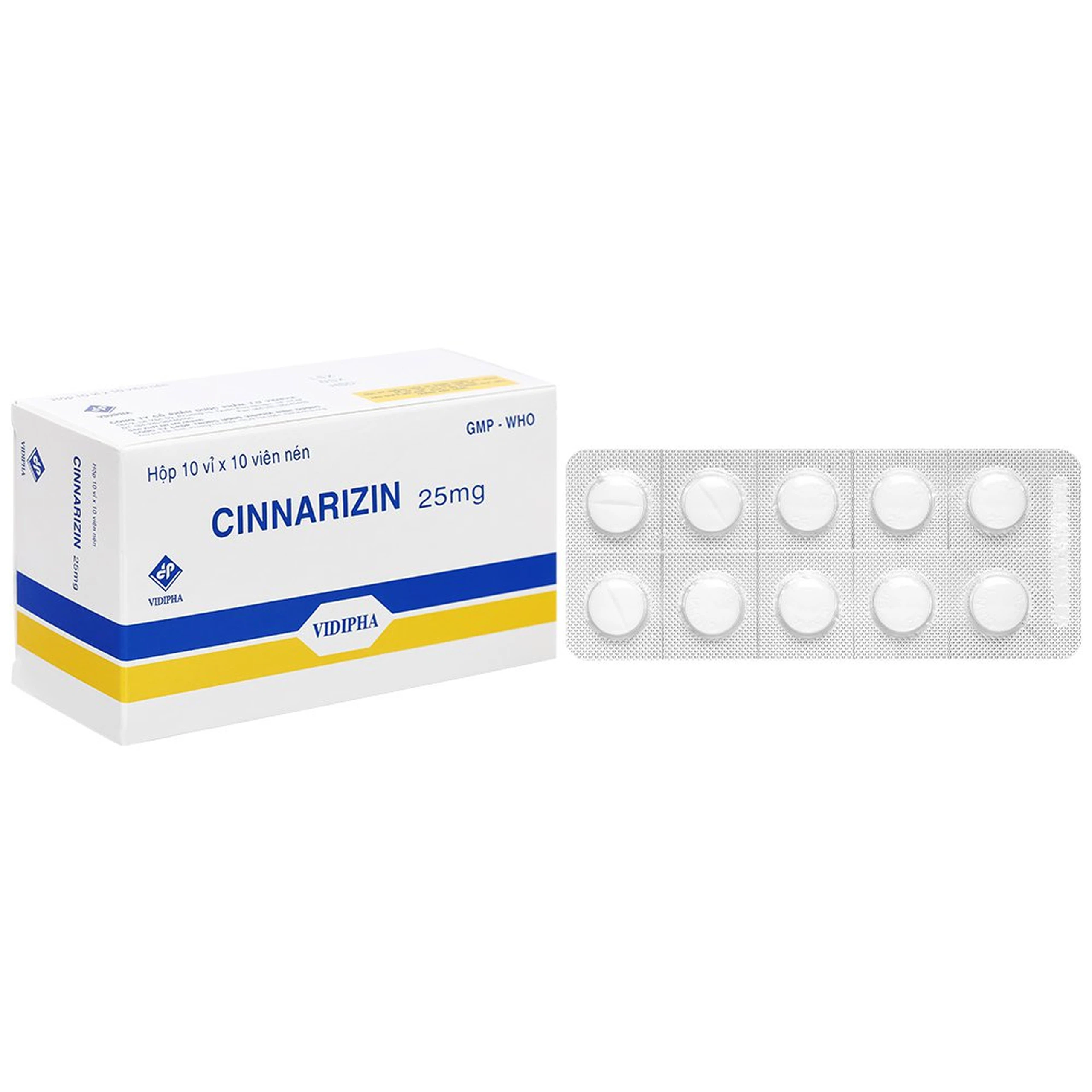 Thuốc Cinnarizin 25mg Vidipha phòng say tàu xe, rối loạn tiền đình (100 viên)