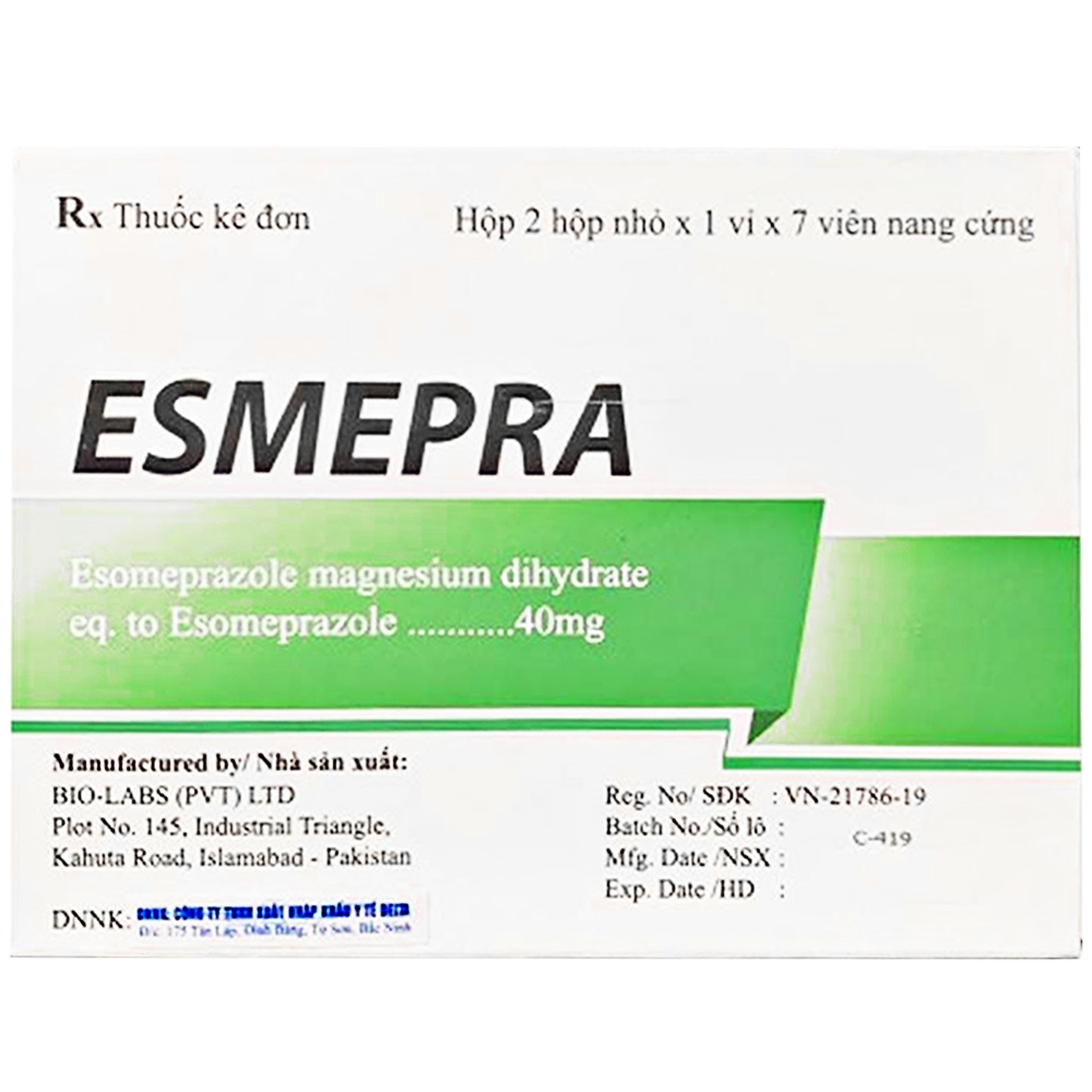 Thuốc Esmepra 40mg Bio điều trị trào ngược dạ dày - thực quản (2 vỉ x 7 viên)