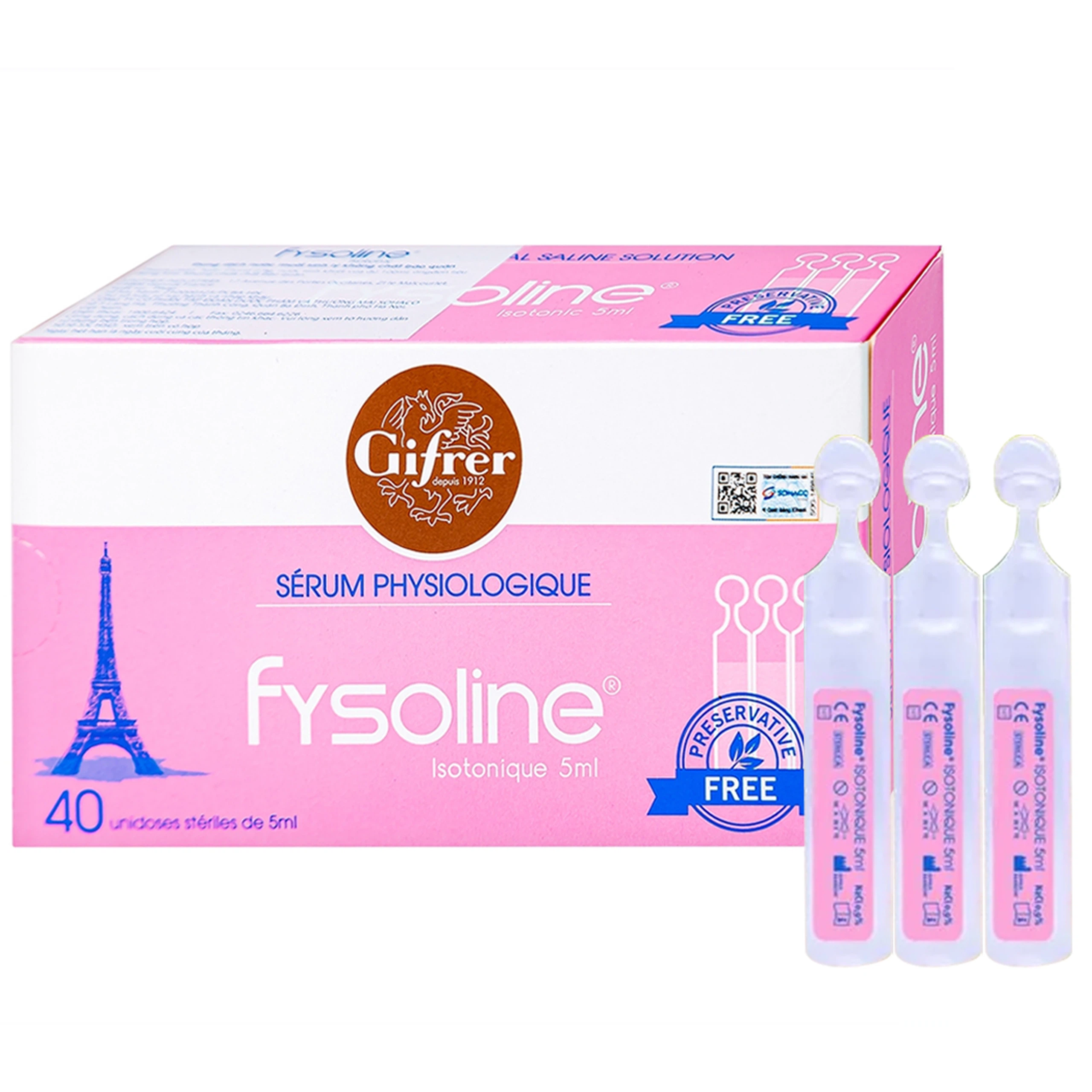 Dung dịch nước muối sinh lý không chất bảo quản Fysoline Gifrer làm sạch mắt, mũi (40 ống)