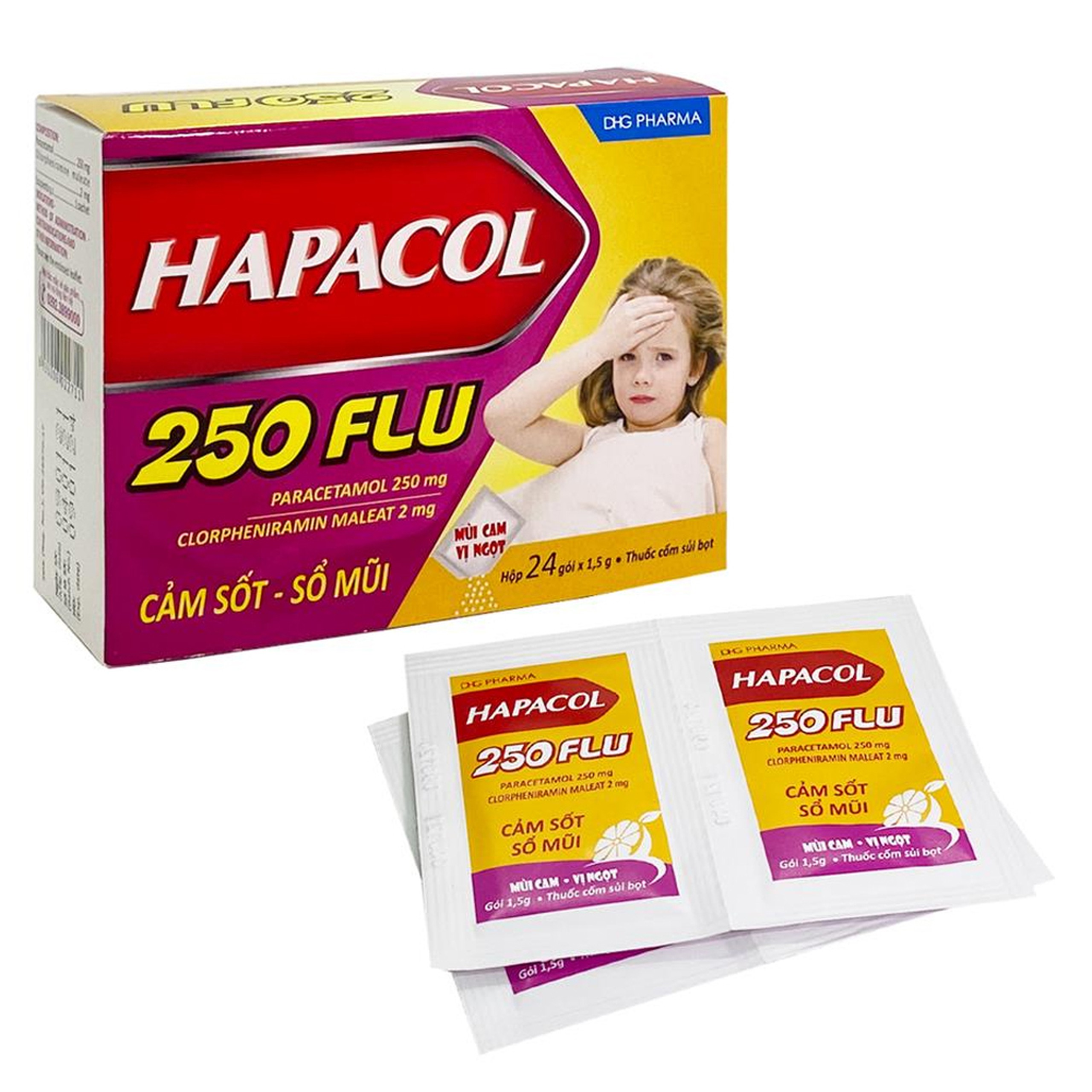 Cốm Hapacol 250 Flu DHG điều trị cảm sốt, sổ mũi (24 gói)