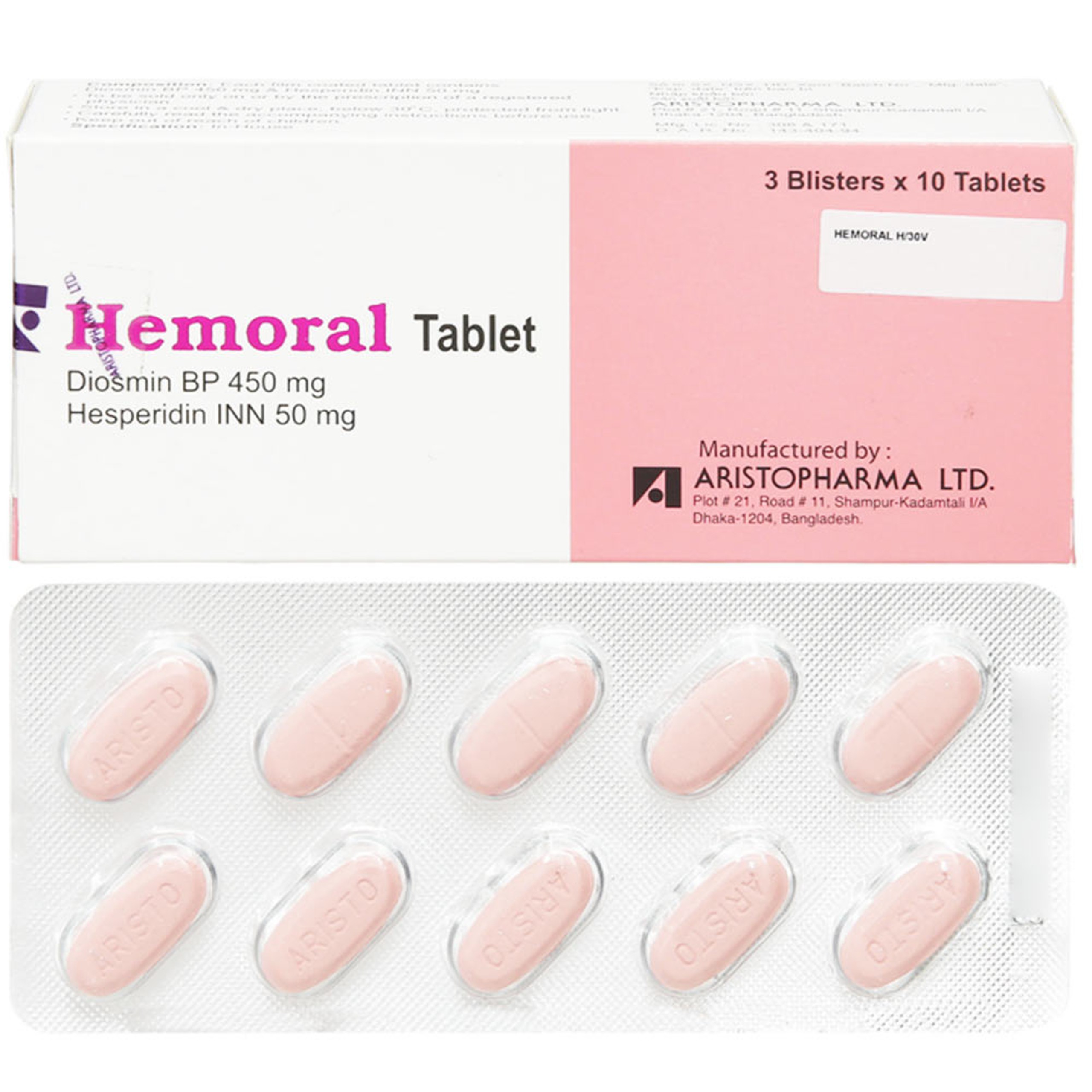 Thuốc Hemoral Tablet 450mg/50mg Aristopharma điều trị suy tĩnh mạch, mạch bạch huyết (3 vỉ x 10 viên)