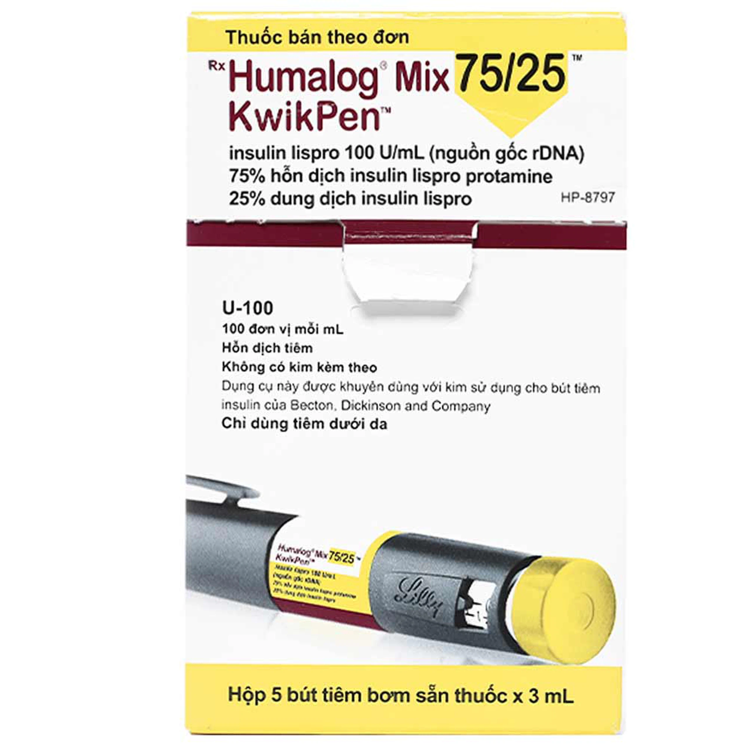 Bút tiêm Humalog Mix 75/25 KwixPen điều trị đái tháo đường (5 cây x 3ml)