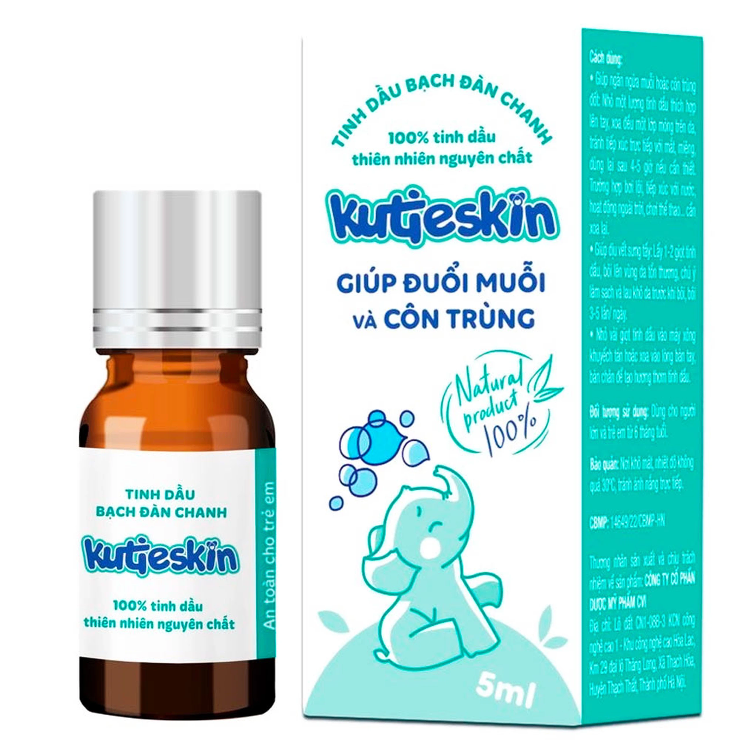 Tinh dầu bạch đàn chanh Kutieskin giúp đuổi muỗi và côn trùng, dịu vết sưng tấy, làm dịu da (5ml)