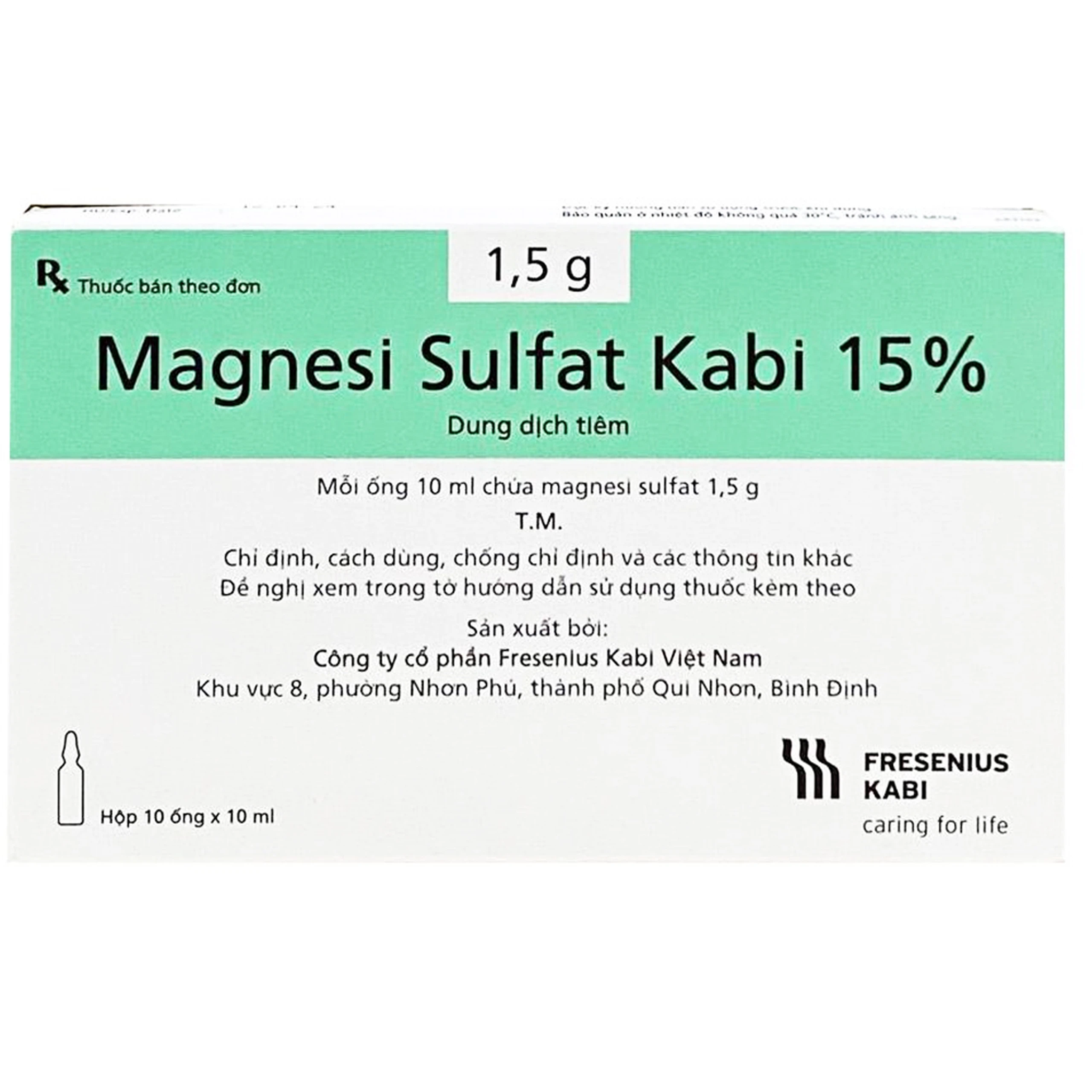 Dung dịch tiêm Magnesi Sulfat Kabi 15% điều trị loạn nhịp dạng xoắn, dự phòng và điều trị sản giật (10 ống)