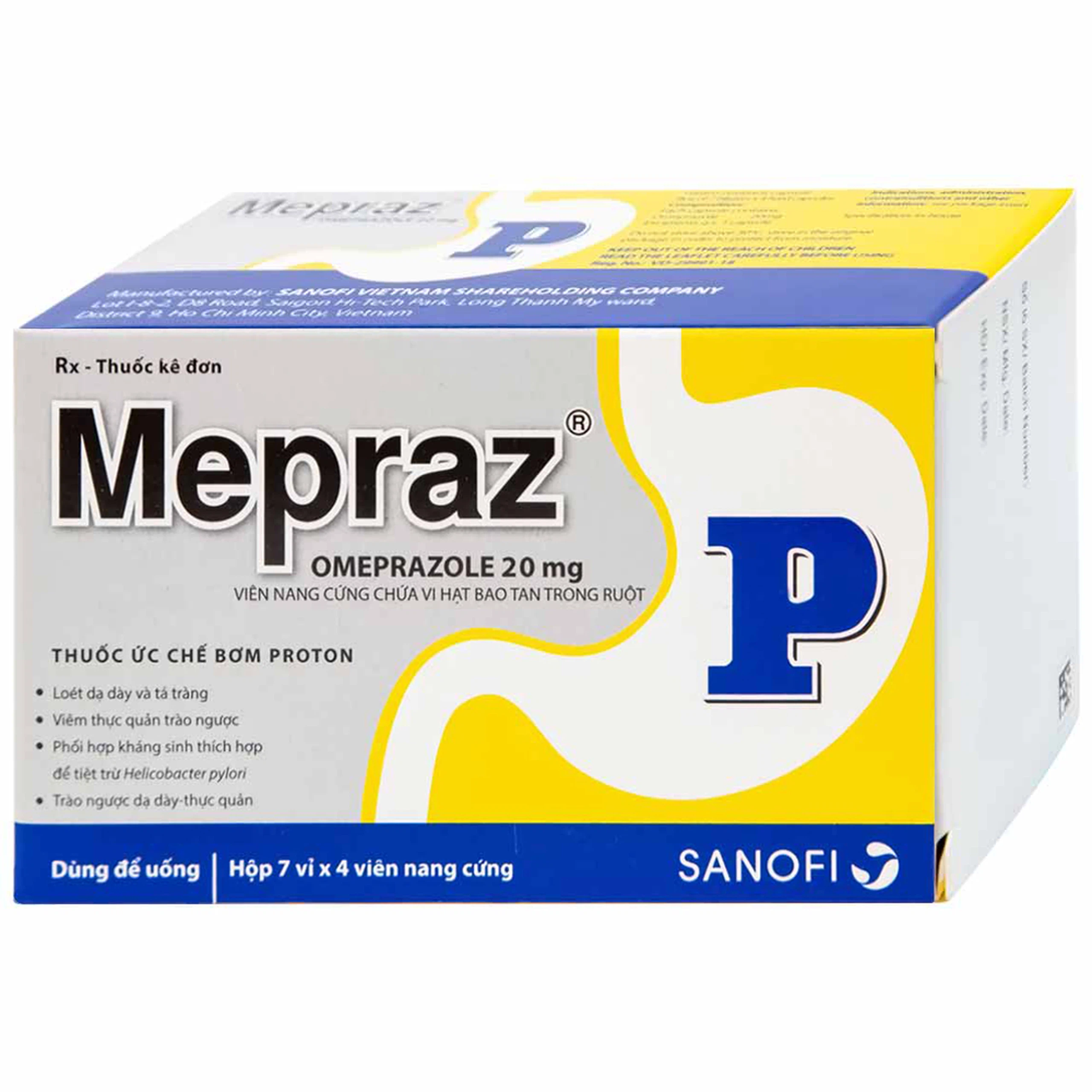 Viên nang cứng Mepraz 20mg Sanofi điều trị loét dạ dày tá tràng, viêm thực quản trào ngược (7 vỉ x 4 viên)