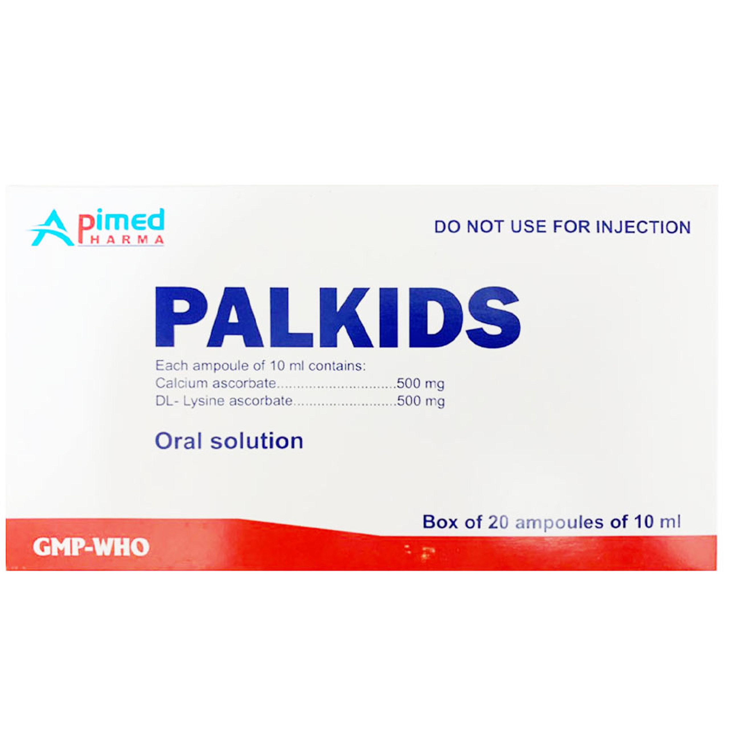 Dung dịch uống Palkids Apimed bổ sung vitamin, canxi, điều trị suy nhược cơ thể (20 ống x 10ml)	 