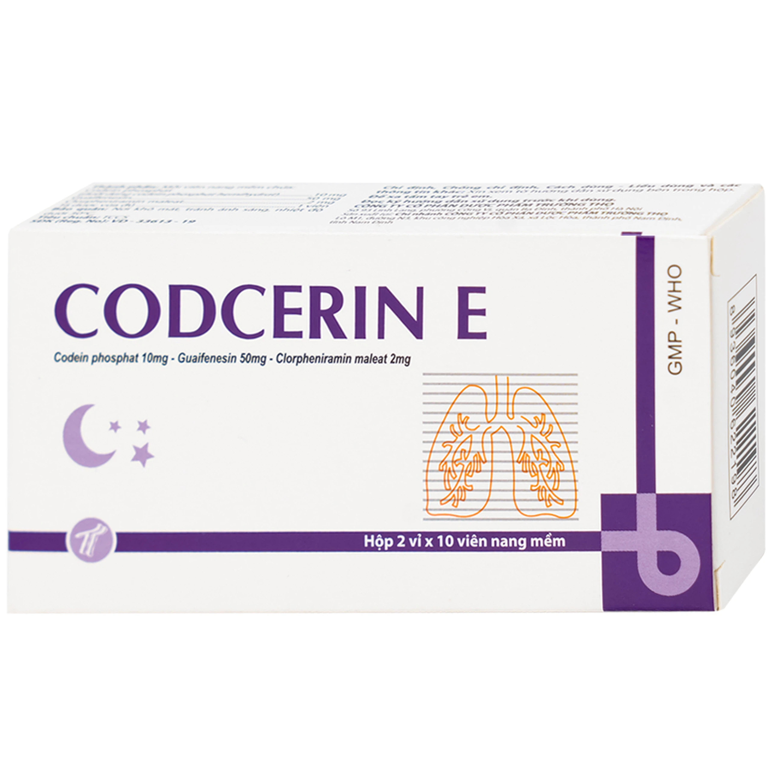 Thuốc Codcerin E Trường Thọ điều trị viêm phế quản, viêm họng, viêm phổi, ho do kích ứng (2 vỉ x 10 viên)